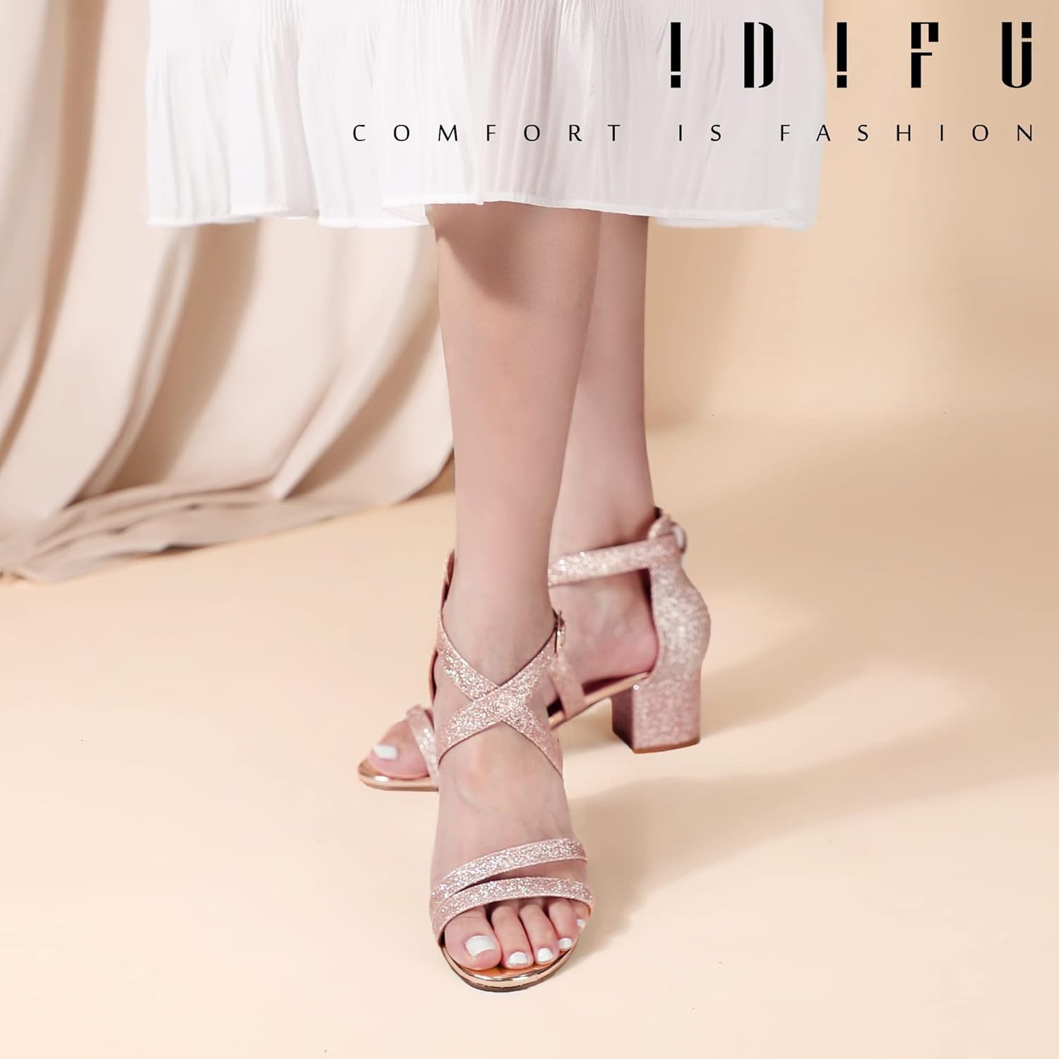 image:imageIDIFU Womens Block Low Chunky Heel Strappy Sandals Open Toe Ankle Strap Dress Wedding Evening Shoe for Women BridalRose Gold Shiny