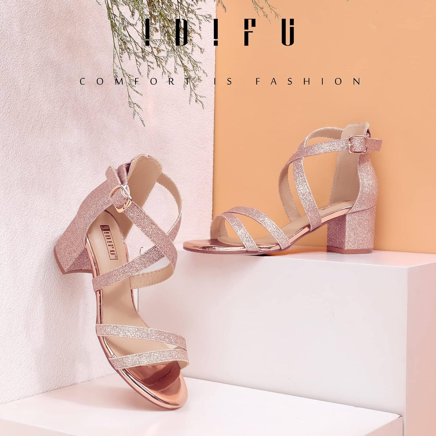 image:imageIDIFU Womens Block Low Chunky Heel Strappy Sandals Open Toe Ankle Strap Dress Wedding Evening Shoe for Women BridalRose Gold Shiny