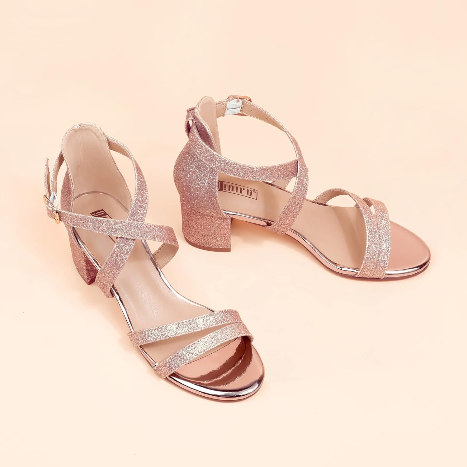 image:imageIDIFU Womens Block Low Chunky Heel Strappy Sandals Open Toe Ankle Strap Dress Wedding Evening Shoe for Women BridalRose Gold Shiny