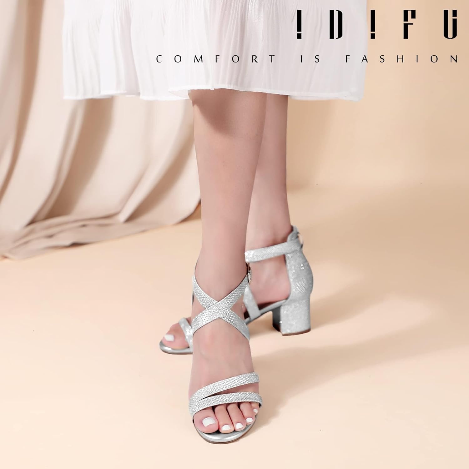 image:imageIDIFU Womens Block Low Chunky Heel Strappy Sandals Open Toe Ankle Strap Dress Wedding Evening Shoe for Women BridalSilver Glitter