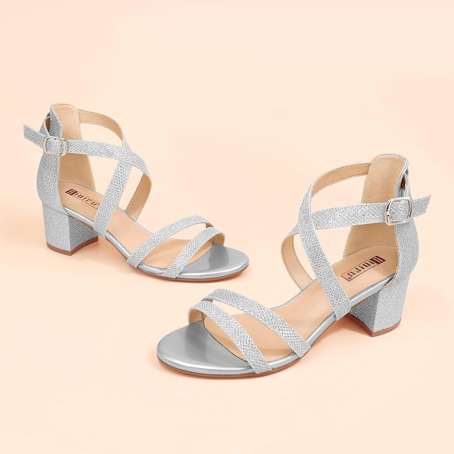 image:imageIDIFU Womens Block Low Chunky Heel Strappy Sandals Open Toe Ankle Strap Dress Wedding Evening Shoe for Women BridalSilver Glitter
