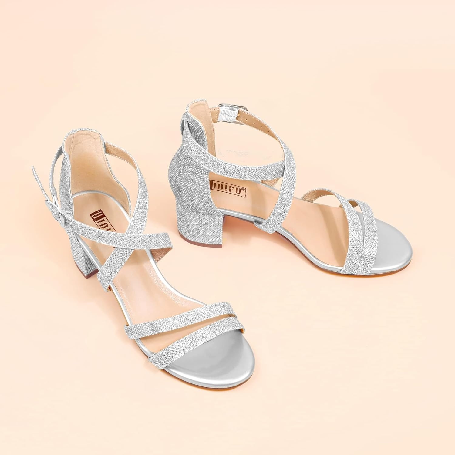 image:imageIDIFU Womens Block Low Chunky Heel Strappy Sandals Open Toe Ankle Strap Dress Wedding Evening Shoe for Women BridalSilver Glitter