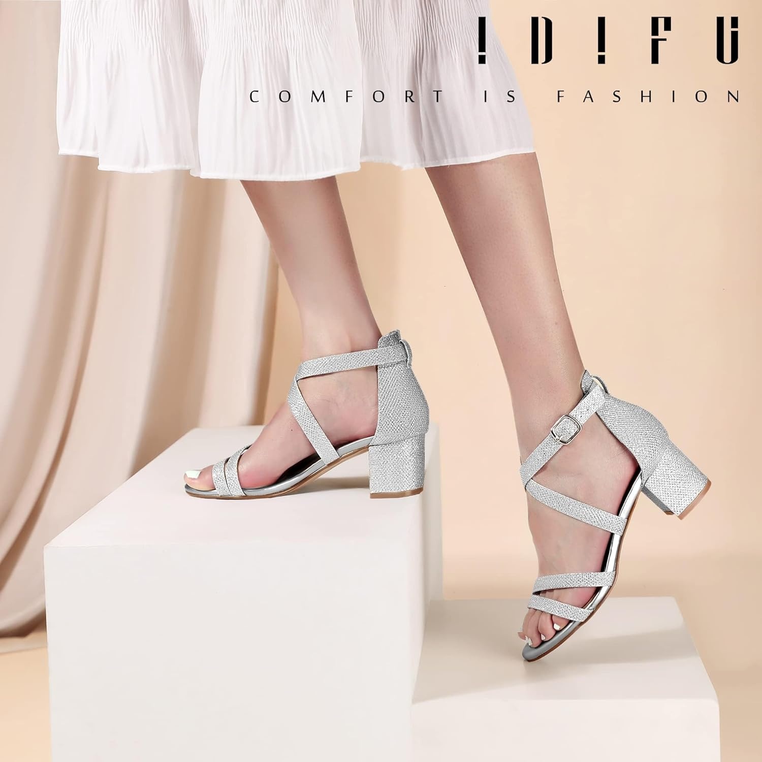 image:imageIDIFU Womens Block Low Chunky Heel Strappy Sandals Open Toe Ankle Strap Dress Wedding Evening Shoe for Women BridalSilver Glitter