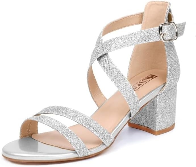 image:imageIDIFU Womens Block Low Chunky Heel Strappy Sandals Open Toe Ankle Strap Dress Wedding Evening Shoe for Women BridalSilver Glitter