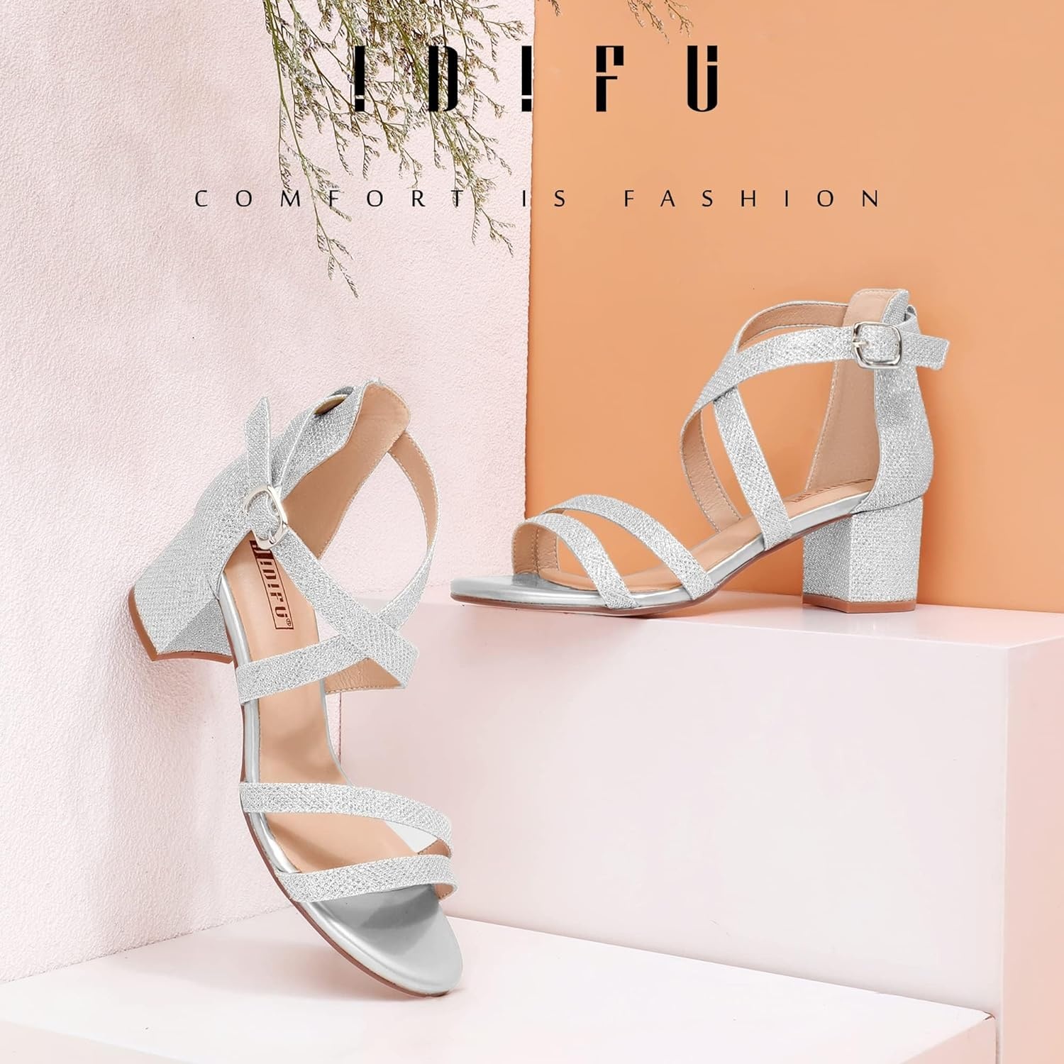 image:imageIDIFU Womens Block Low Chunky Heel Strappy Sandals Open Toe Ankle Strap Dress Wedding Evening Shoe for Women BridalSilver Glitter