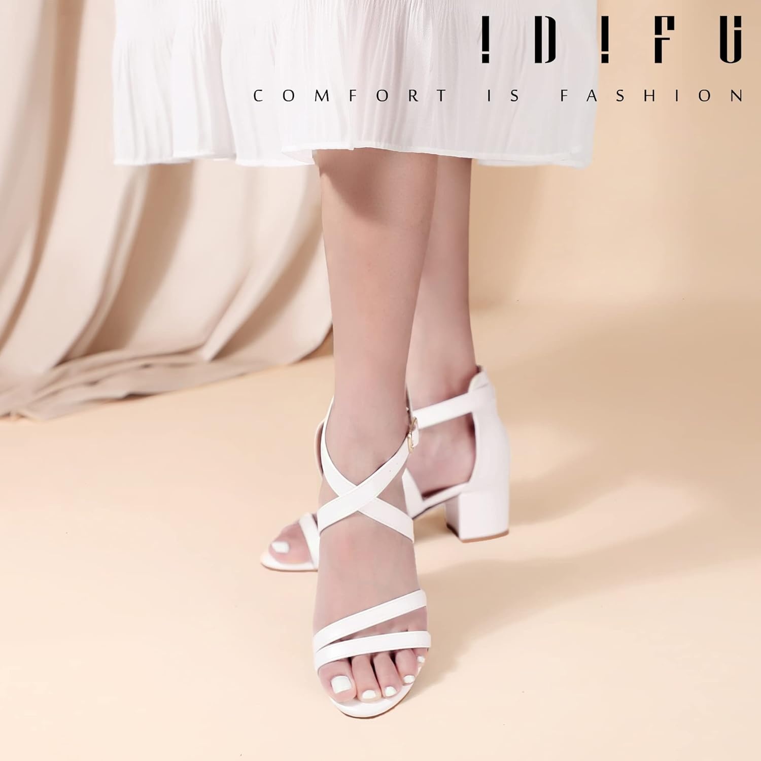image:imageIDIFU Womens Block Low Chunky Heel Strappy Sandals Open Toe Ankle Strap Dress Wedding Evening Shoe for Women BridalWhite Pu