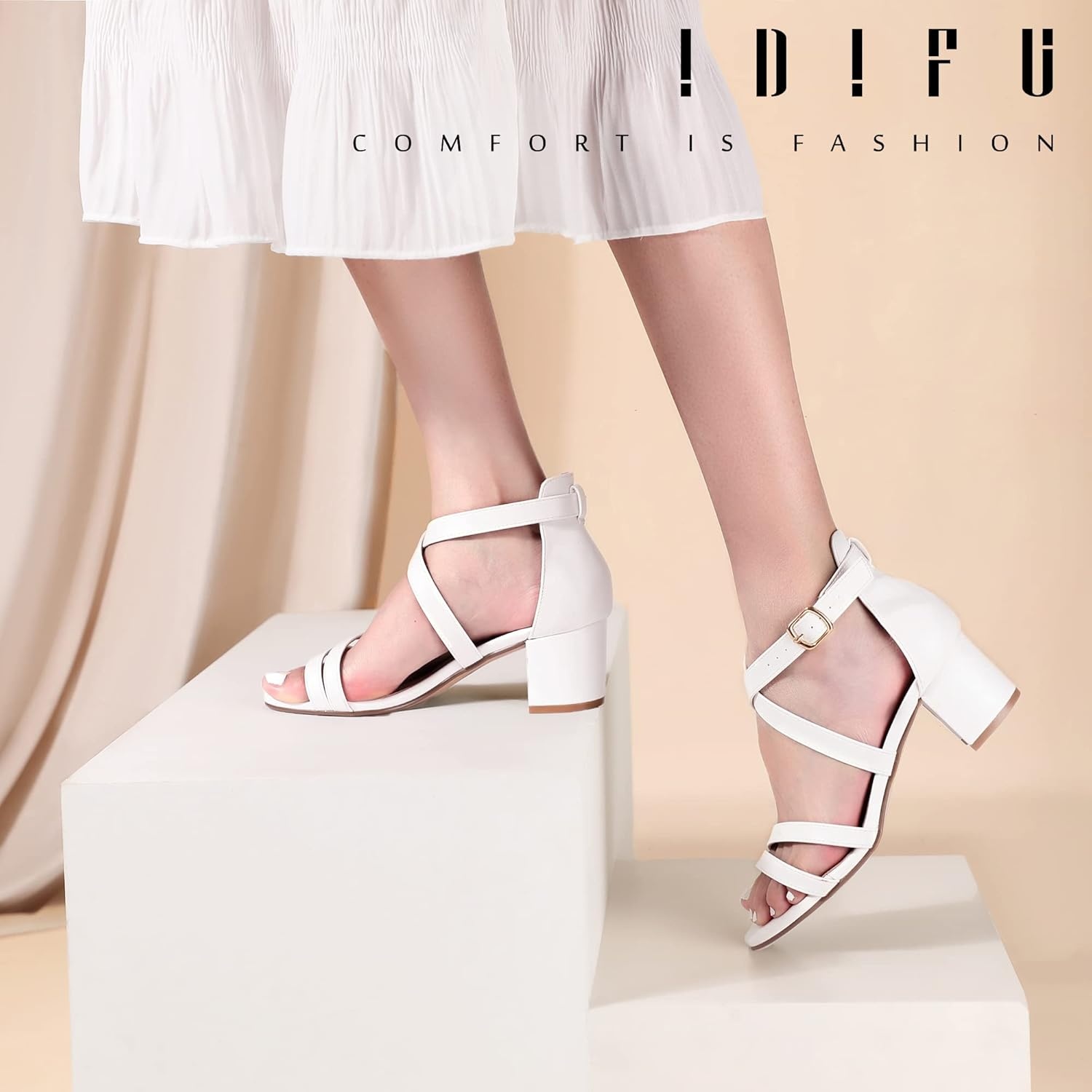 image:imageIDIFU Womens Block Low Chunky Heel Strappy Sandals Open Toe Ankle Strap Dress Wedding Evening Shoe for Women BridalWhite Pu