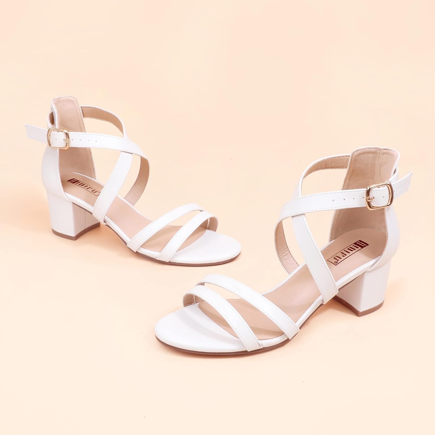 image:imageIDIFU Womens Block Low Chunky Heel Strappy Sandals Open Toe Ankle Strap Dress Wedding Evening Shoe for Women BridalWhite Pu