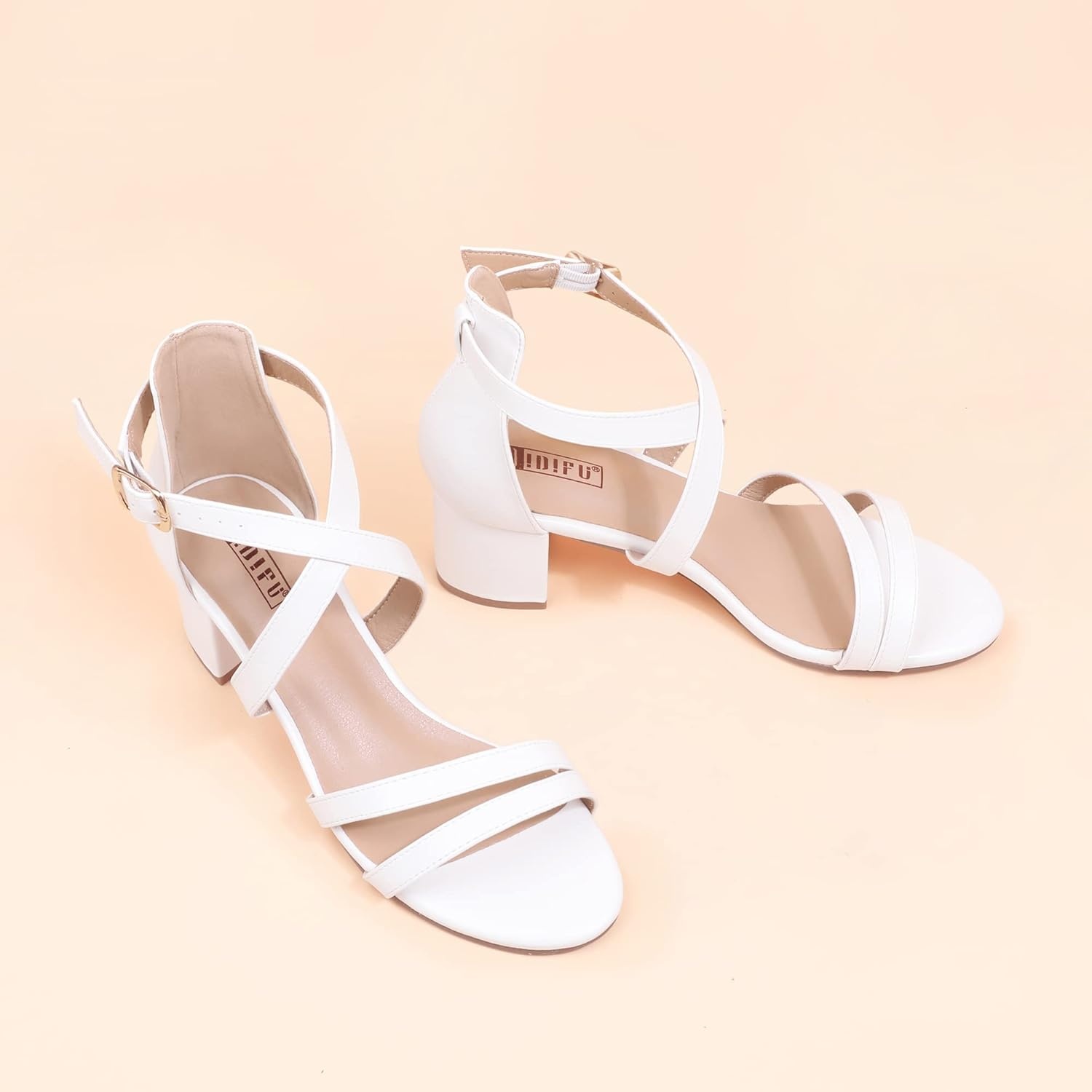 image:imageIDIFU Womens Block Low Chunky Heel Strappy Sandals Open Toe Ankle Strap Dress Wedding Evening Shoe for Women BridalWhite Pu