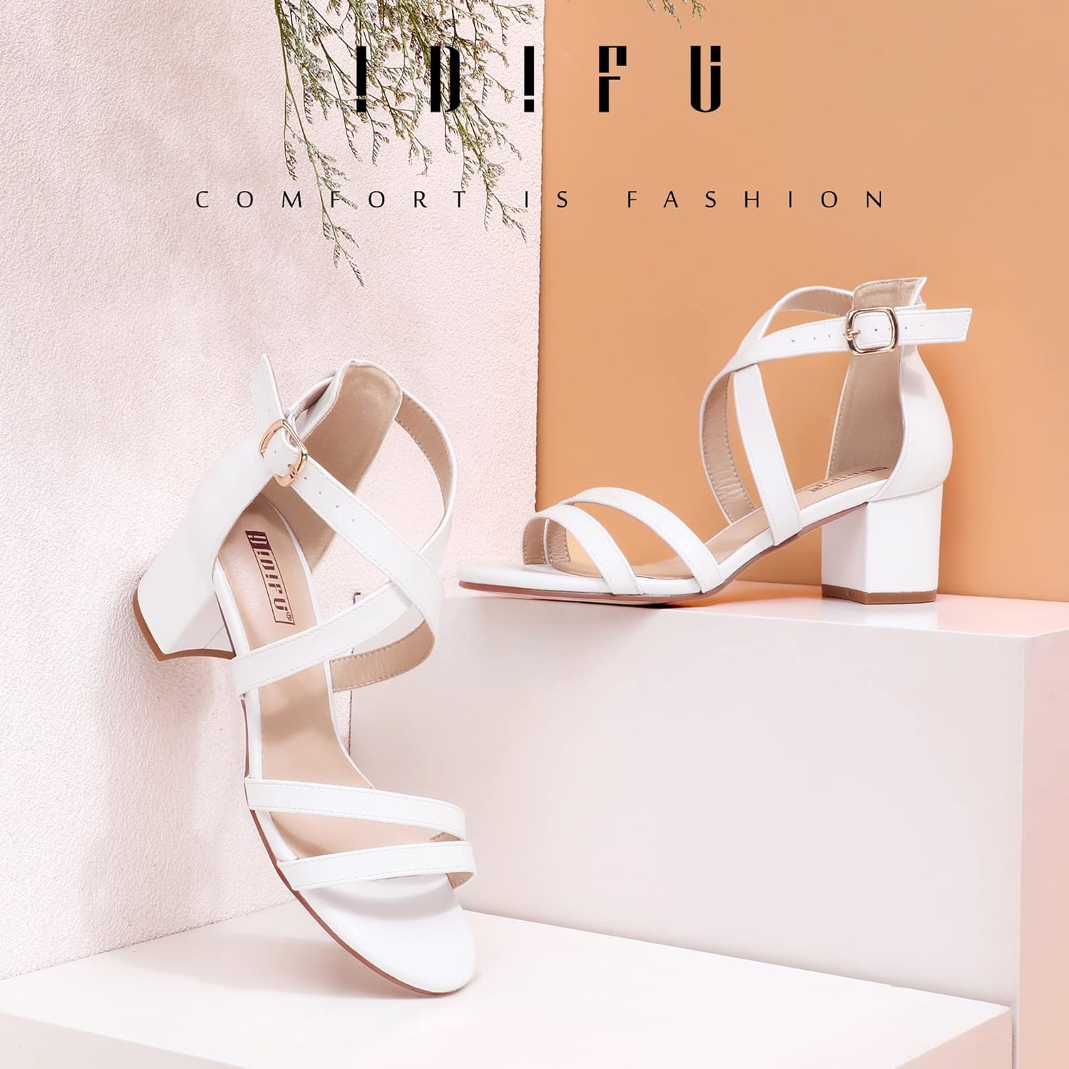 image:imageIDIFU Womens Block Low Chunky Heel Strappy Sandals Open Toe Ankle Strap Dress Wedding Evening Shoe for Women BridalWhite Pu