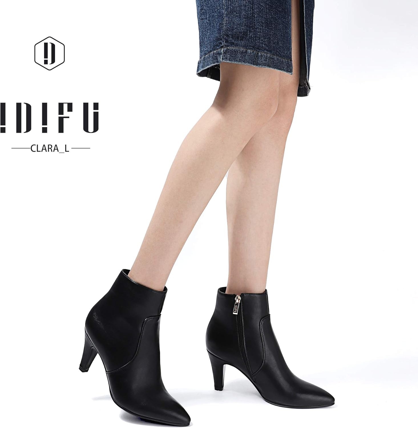 image:imageIDIFU Womens CLARAZ Pointed Toe High Heel Ankle Booties Zipper Buckle Strap Short BootsBlack Pu