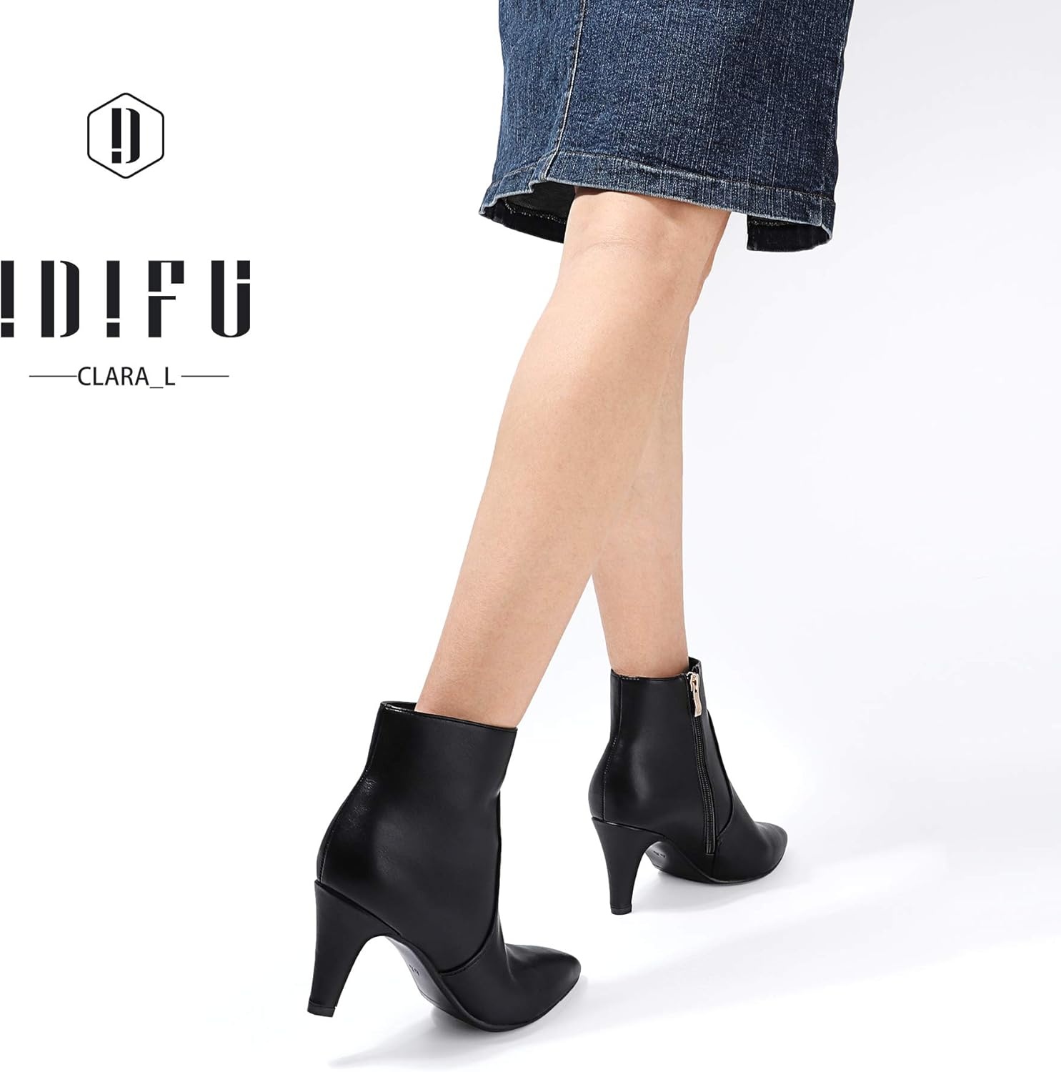 image:imageIDIFU Womens CLARAZ Pointed Toe High Heel Ankle Booties Zipper Buckle Strap Short BootsBlack Pu