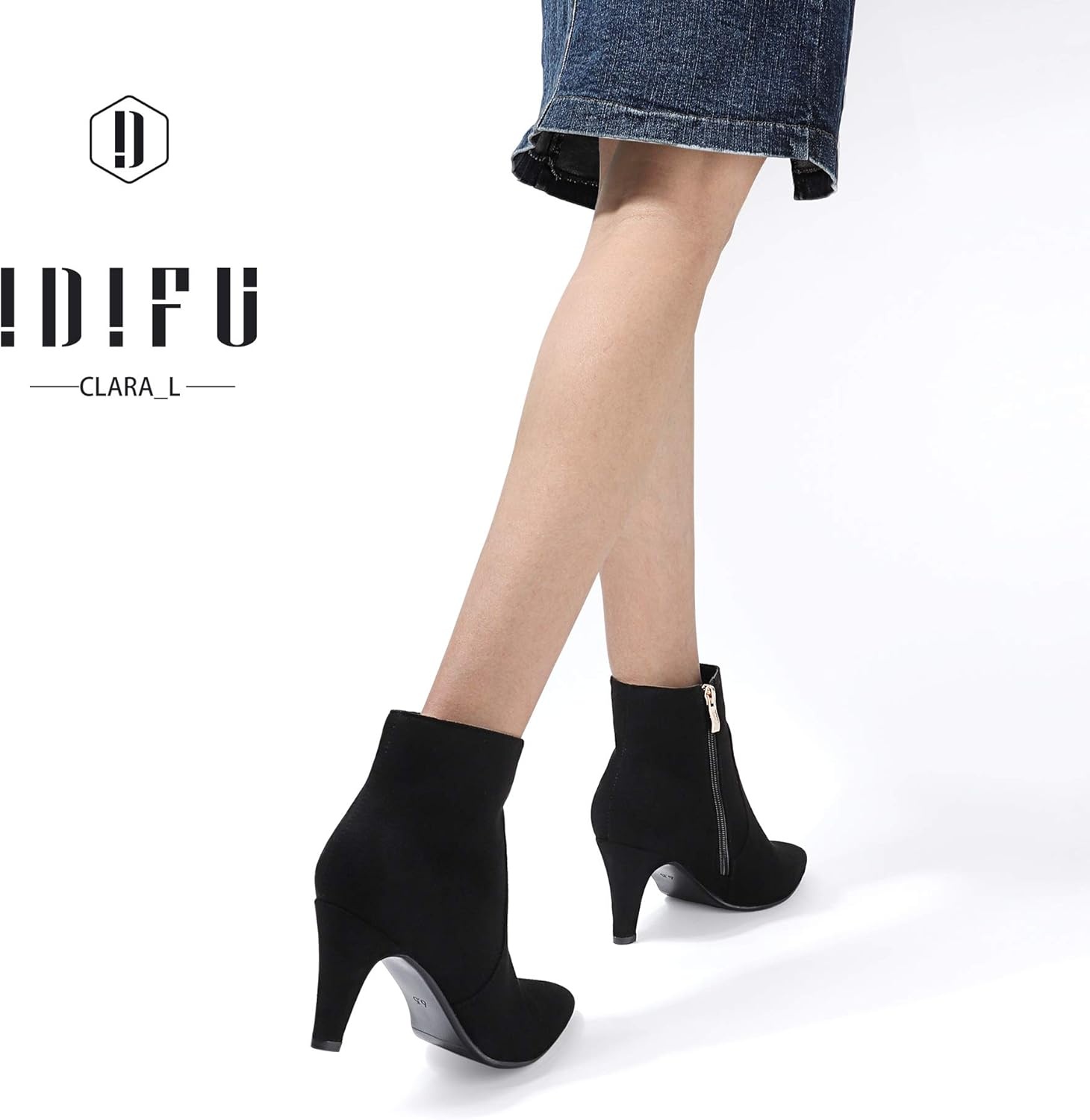 image:imageIDIFU Womens CLARAZ Pointed Toe High Heel Ankle Booties Zipper Buckle Strap Short BootsBlack Suede
