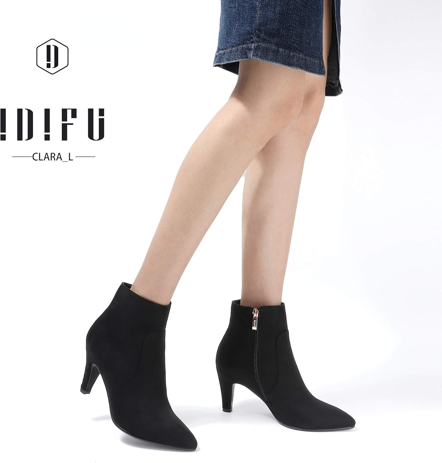 image:imageIDIFU Womens CLARAZ Pointed Toe High Heel Ankle Booties Zipper Buckle Strap Short BootsBlack Suede