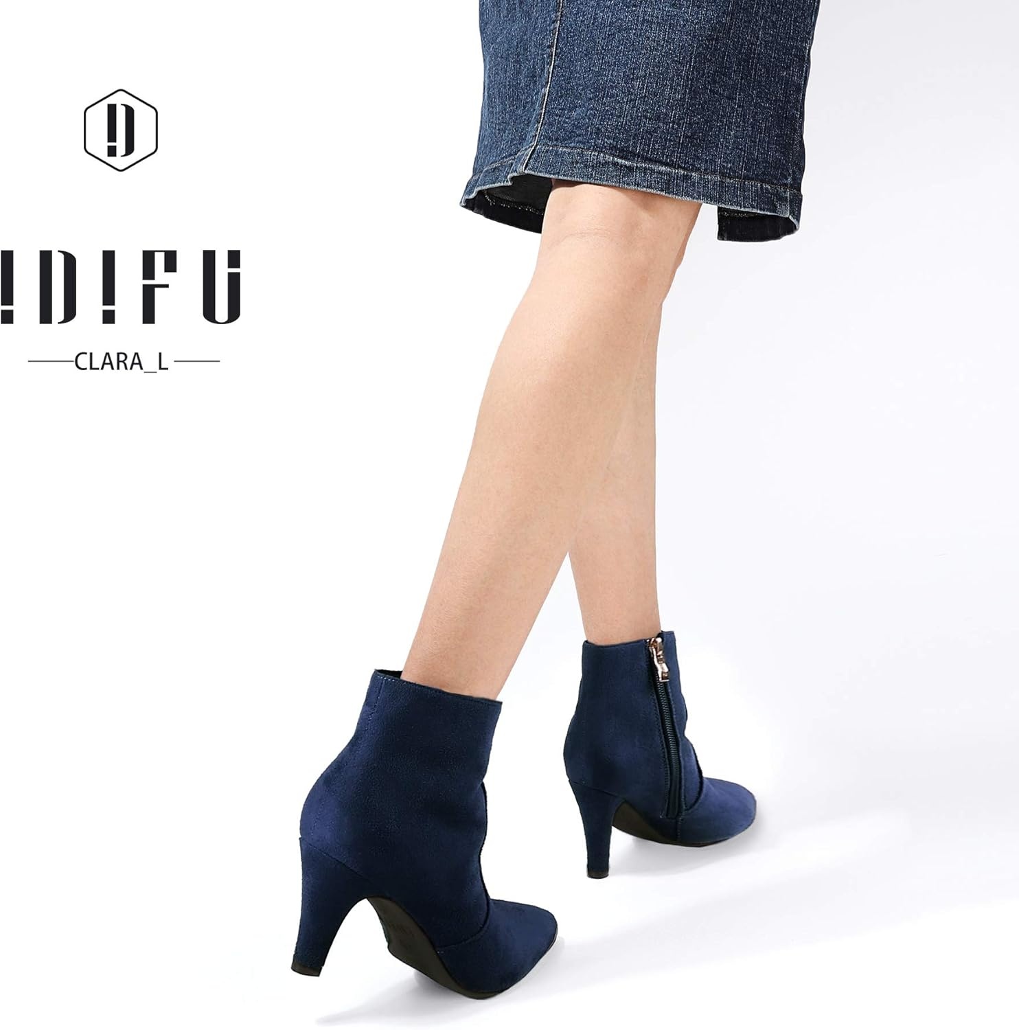 image:imageIDIFU Womens CLARAZ Pointed Toe High Heel Ankle Booties Zipper Buckle Strap Short BootsBlue Suede