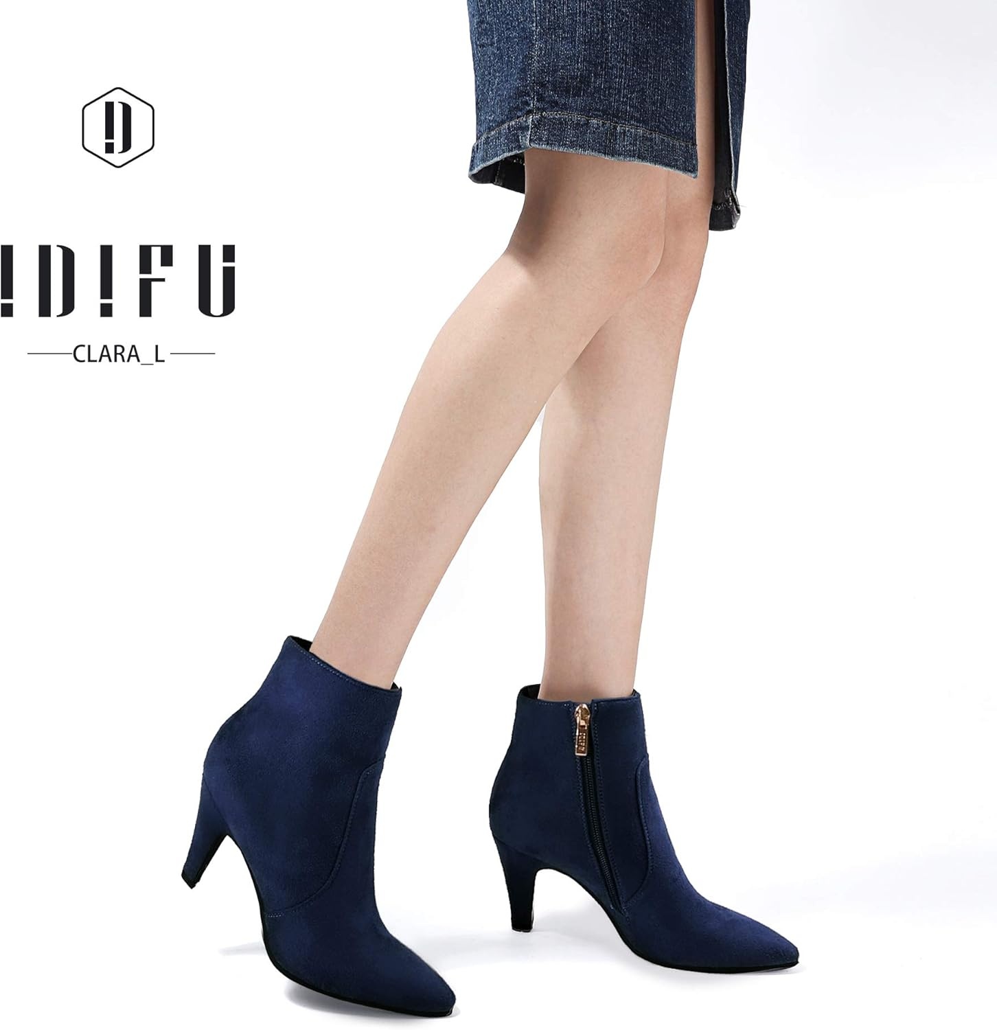 image:imageIDIFU Womens CLARAZ Pointed Toe High Heel Ankle Booties Zipper Buckle Strap Short BootsBlue Suede