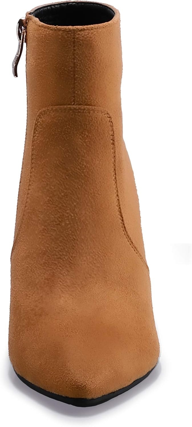 image:imageIDIFU Womens CLARAZ Pointed Toe High Heel Ankle Booties Zipper Buckle Strap Short BootsBrown Suede