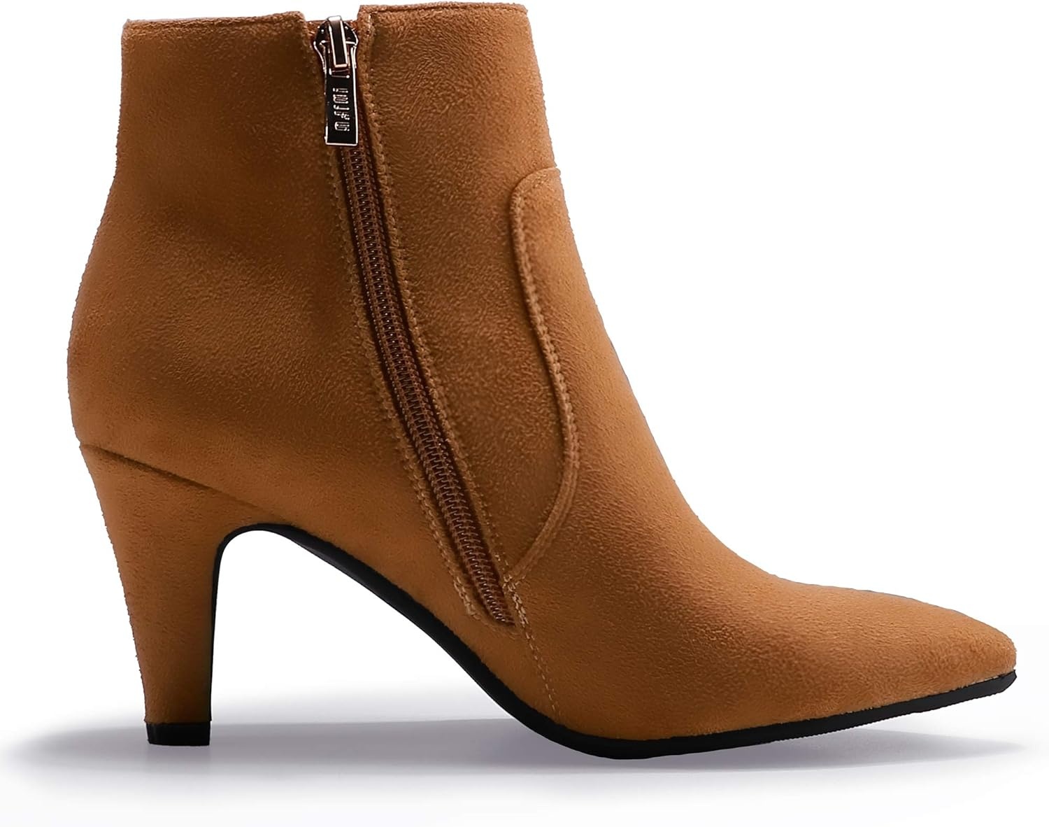 image:imageIDIFU Womens CLARAZ Pointed Toe High Heel Ankle Booties Zipper Buckle Strap Short BootsBrown Suede