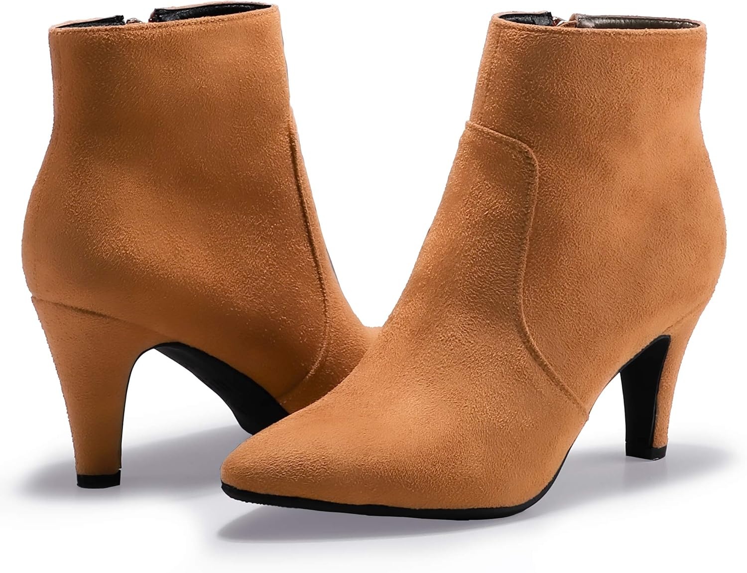 image:imageIDIFU Womens CLARAZ Pointed Toe High Heel Ankle Booties Zipper Buckle Strap Short BootsBrown Suede