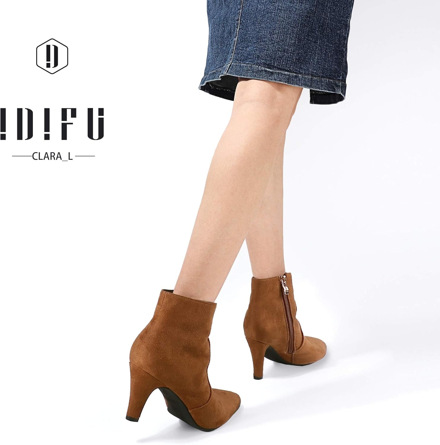 image:imageIDIFU Womens CLARAZ Pointed Toe High Heel Ankle Booties Zipper Buckle Strap Short BootsBrown Suede