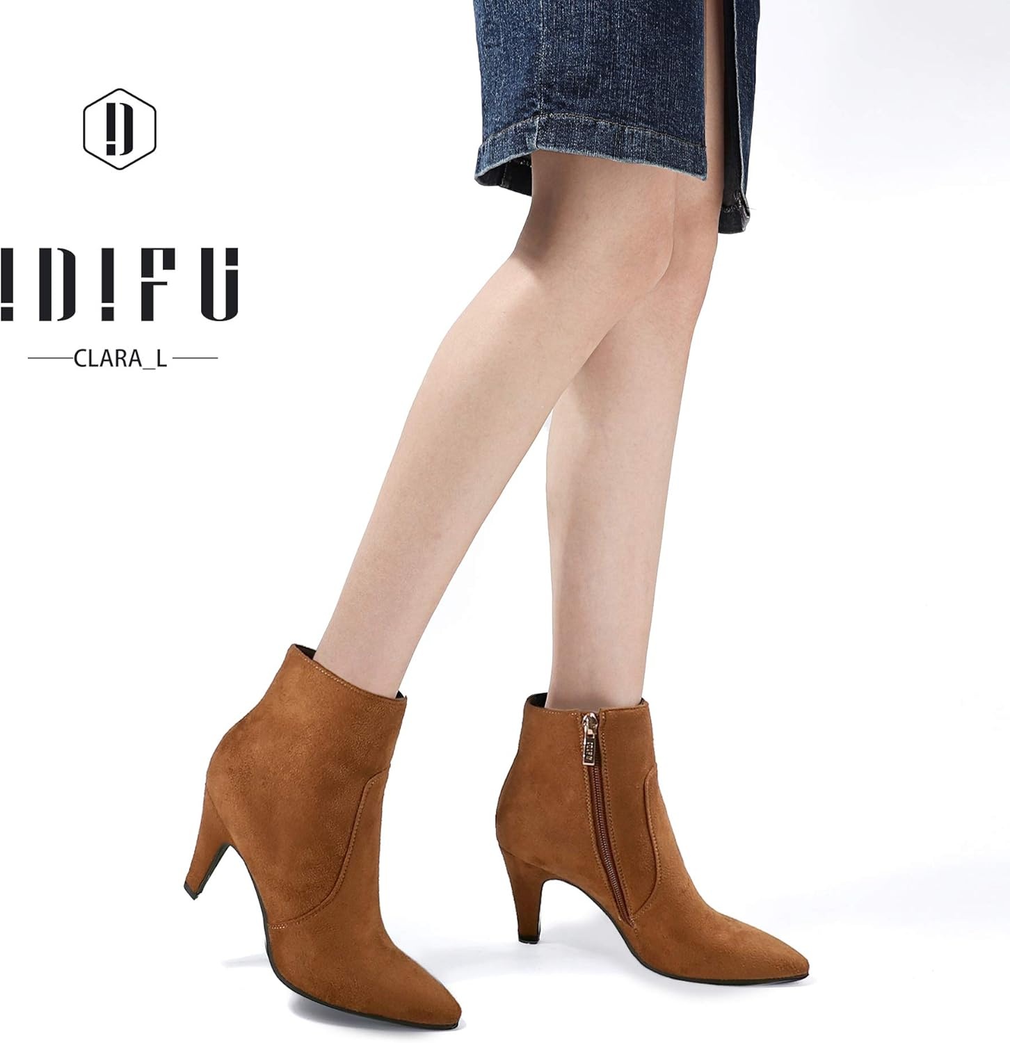 image:imageIDIFU Womens CLARAZ Pointed Toe High Heel Ankle Booties Zipper Buckle Strap Short BootsBrown Suede