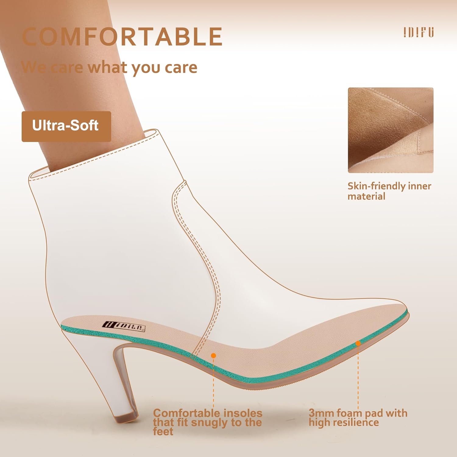 image:imageIDIFU Womens CLARAZ Pointed Toe High Heel Ankle Booties Zipper Buckle Strap Short BootsWhite Pu