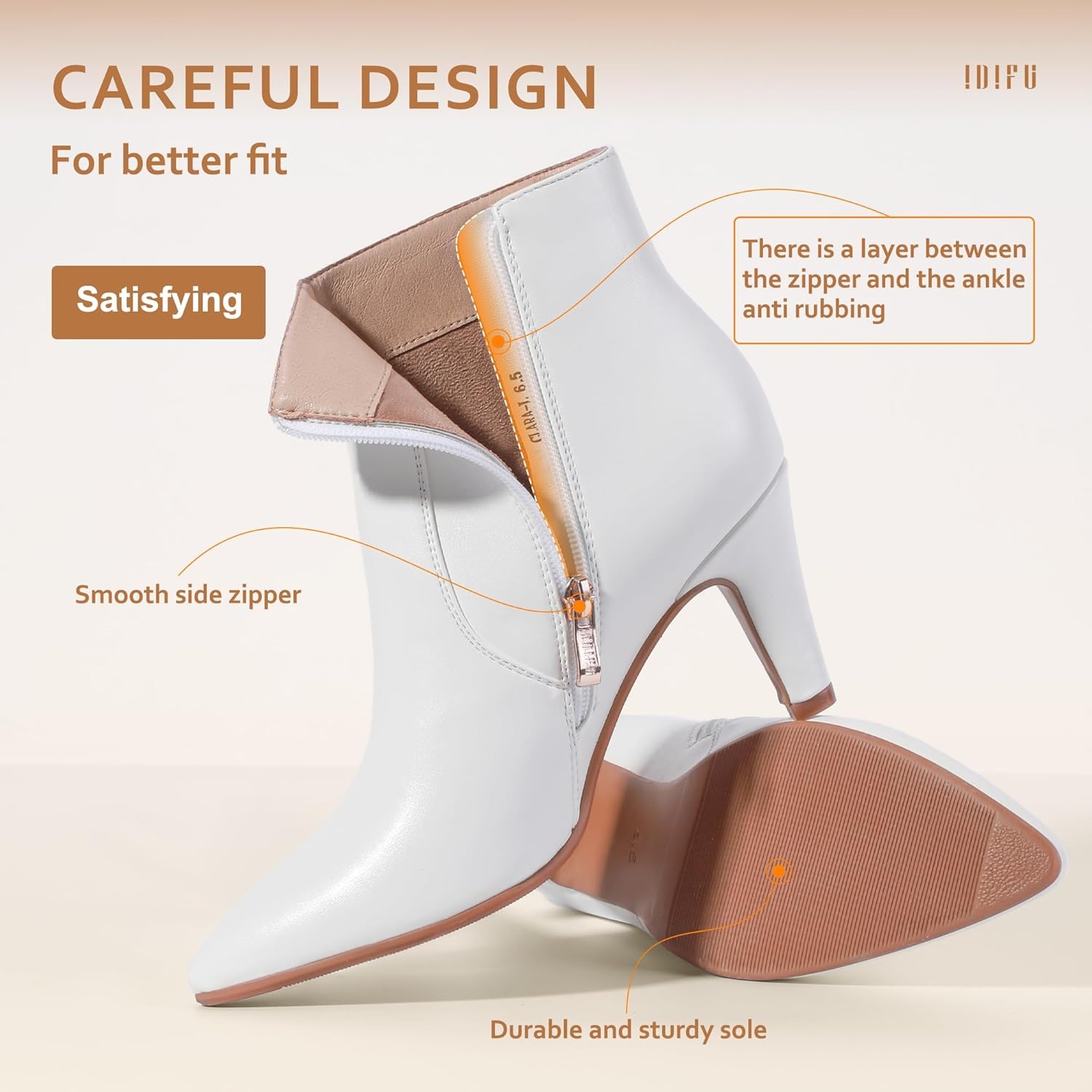 image:imageIDIFU Womens CLARAZ Pointed Toe High Heel Ankle Booties Zipper Buckle Strap Short BootsWhite Pu