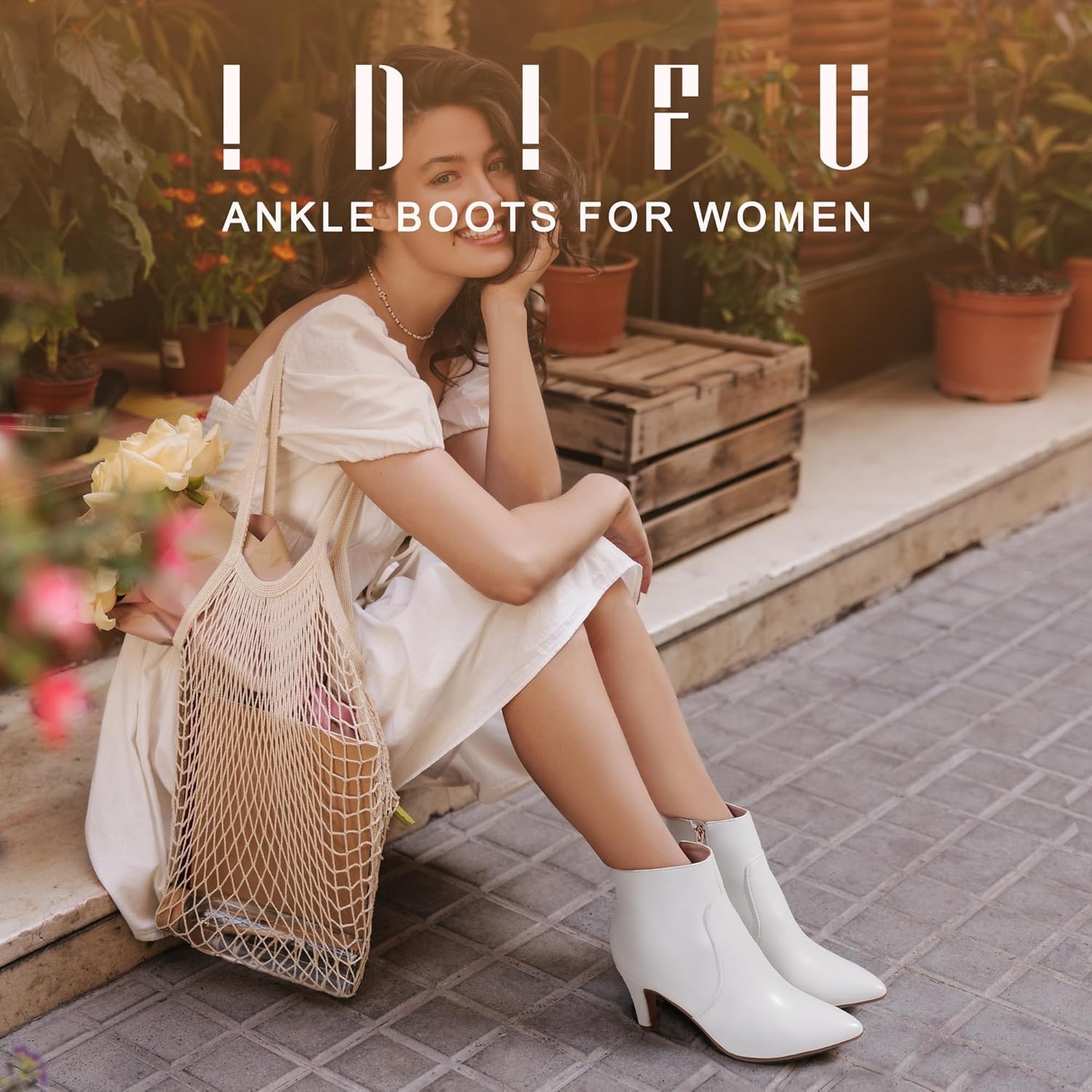 image:imageIDIFU Womens CLARAZ Pointed Toe High Heel Ankle Booties Zipper Buckle Strap Short BootsWhite Pu