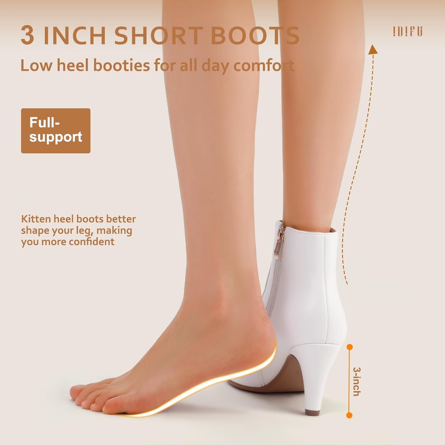 image:imageIDIFU Womens CLARAZ Pointed Toe High Heel Ankle Booties Zipper Buckle Strap Short BootsWhite Pu