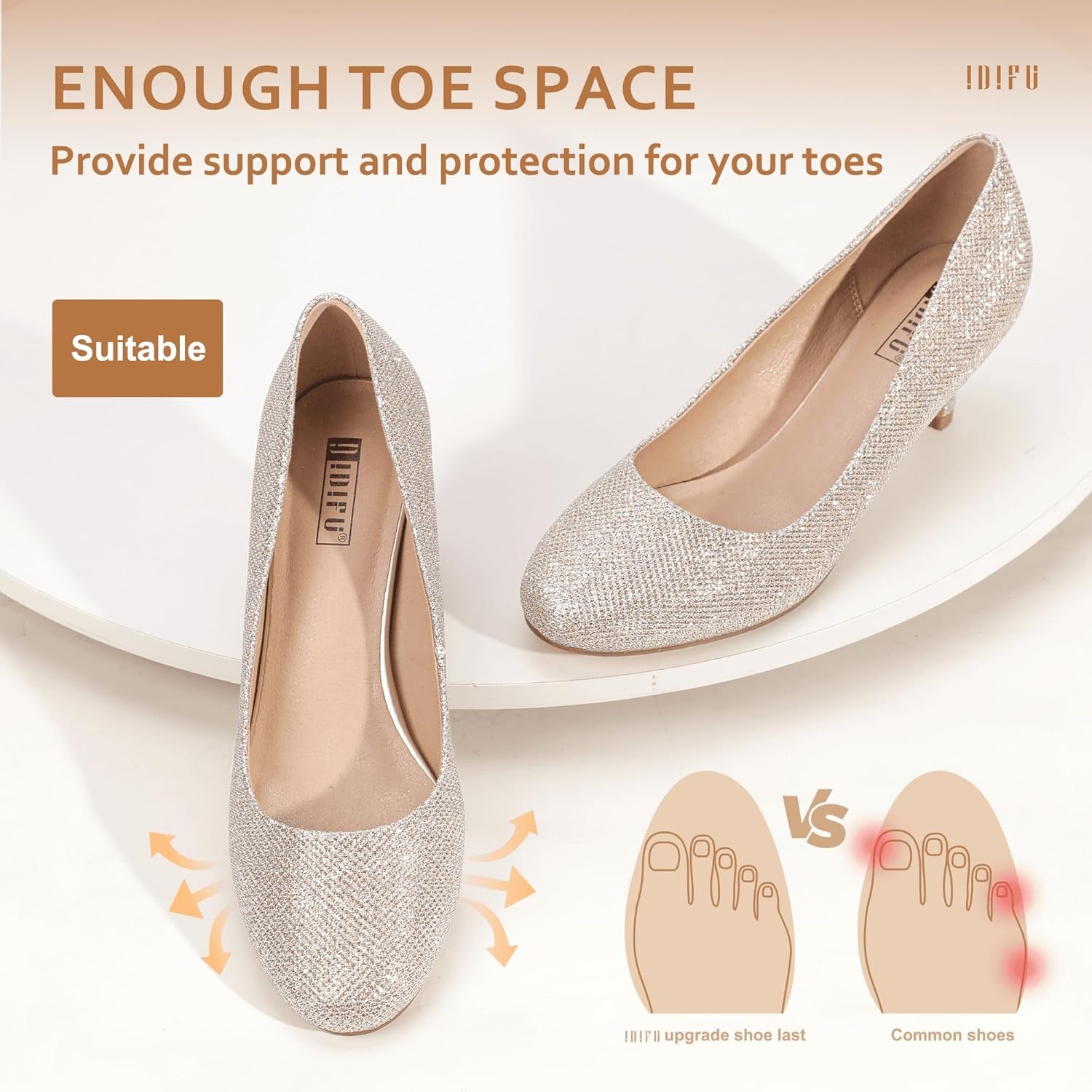 image:imageIDIFU Womens Classic Low Heels Dress Pumps 2 Inch Kitten Heel Round Toe Office Wedding ShoesGold Glitter
