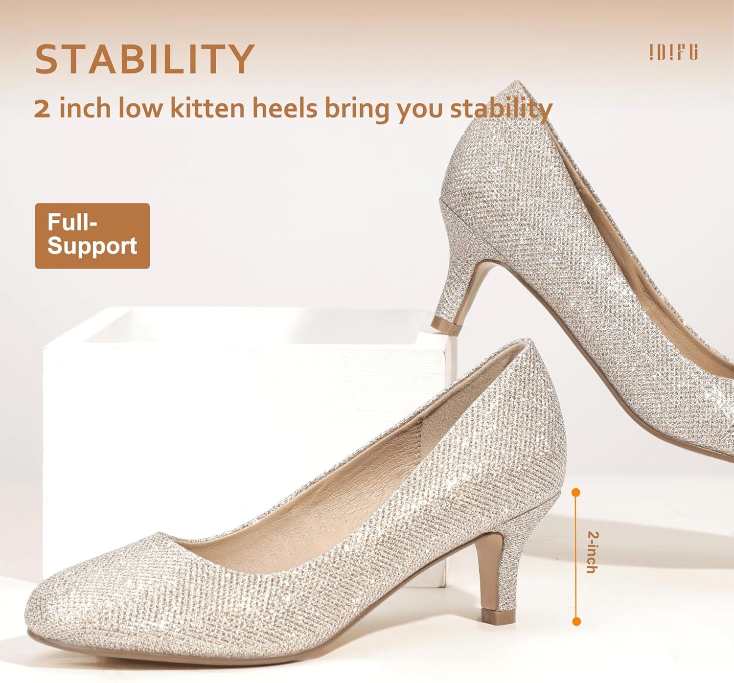 image:imageIDIFU Womens Classic Low Heels Dress Pumps 2 Inch Kitten Heel Round Toe Office Wedding ShoesGold Glitter