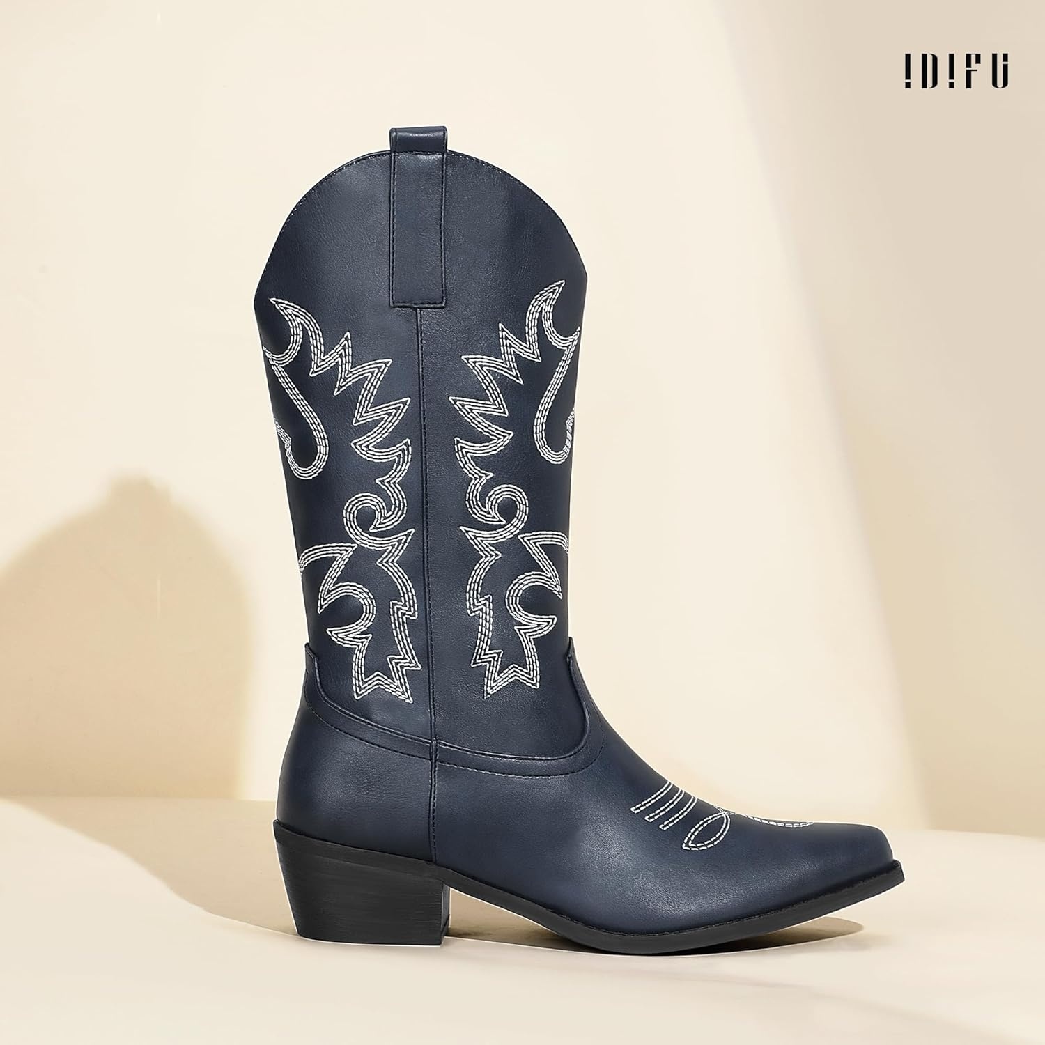 image:imageIDIFU Womens Cowboy Boots for Women Cowgirl Western Mid Calf Embroidered Chunky Low Heel Pointed Toe Country Dress Cute Fashion Comfortable Boots BootiesNavy Blue Pu