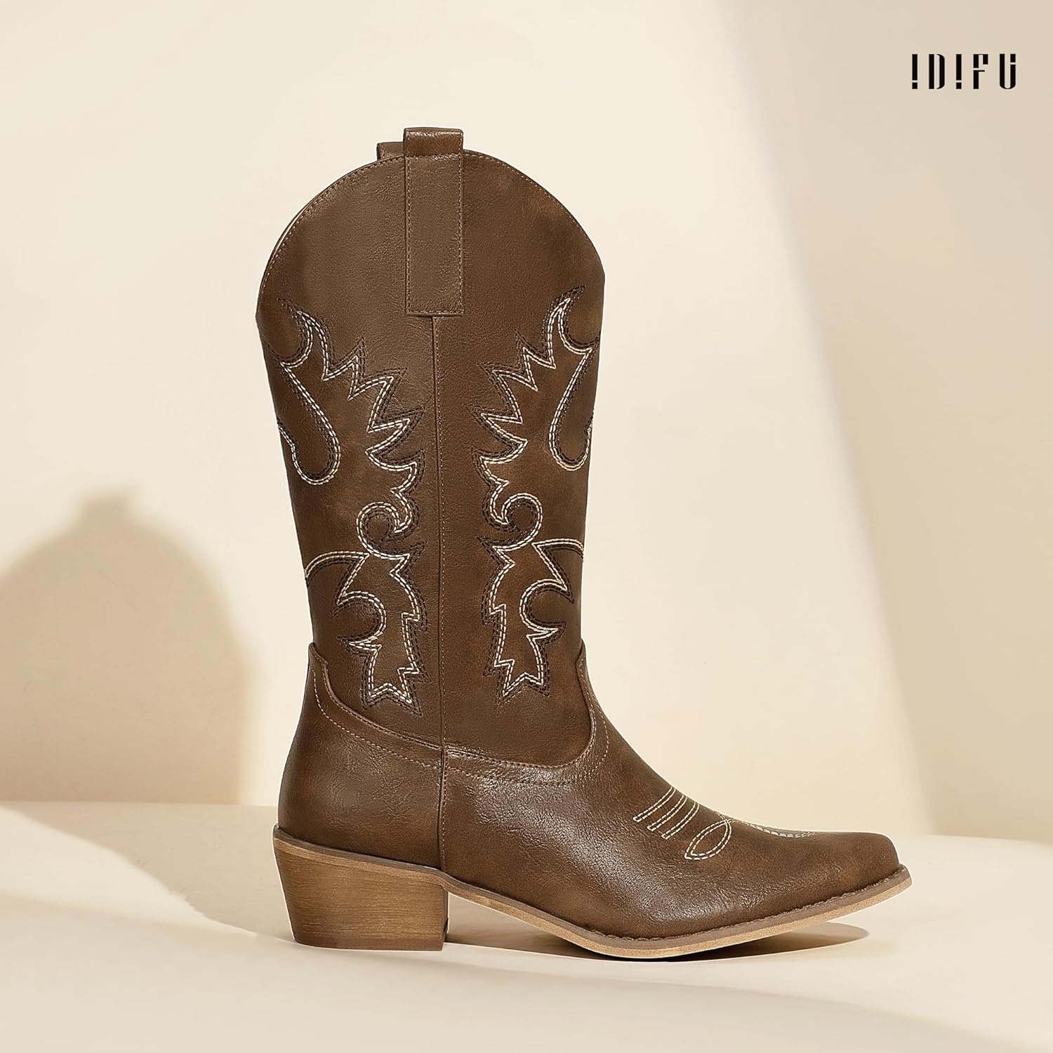 image:imageIDIFU Womens Cowboy Boots for Women Cowgirl Western Mid Calf Embroidered Chunky Low Heel Pointed Toe Country Dress Cute Fashion Comfortable Boots BootiesBrown Pu