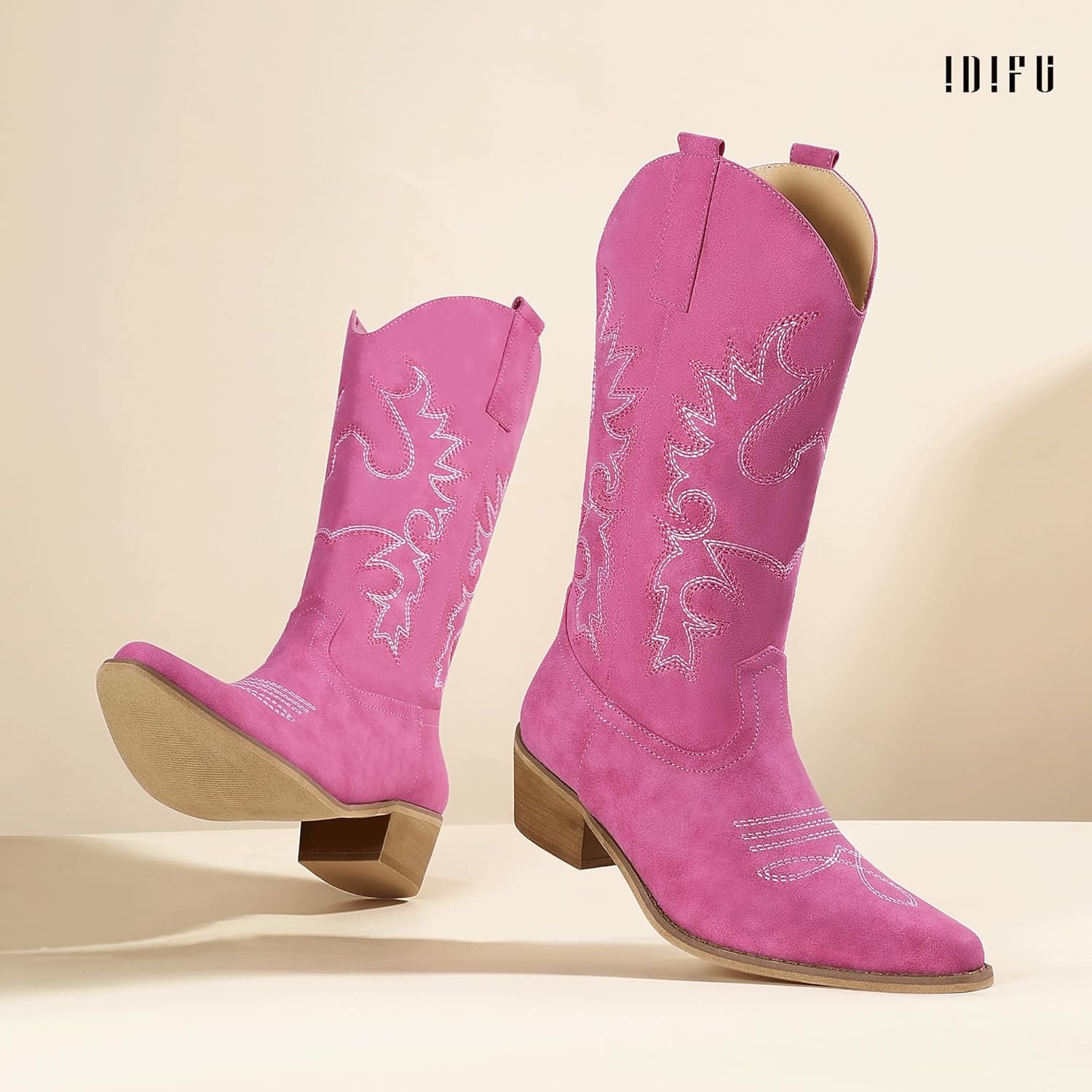 image:imageIDIFU Womens Cowboy Boots for Women Cowgirl Western Mid Calf Embroidered Chunky Low Heel Pointed Toe Country Dress Cute Fashion Comfortable Boots BootiesPink Nubuck