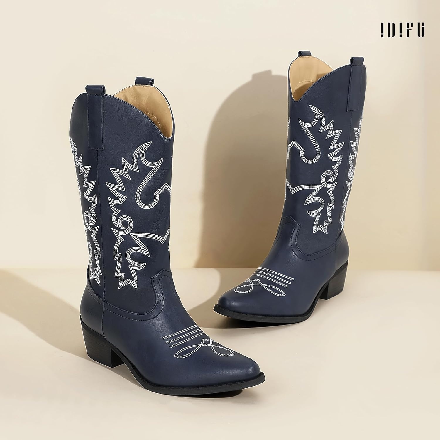 image:imageIDIFU Womens Cowboy Boots for Women Cowgirl Western Mid Calf Embroidered Chunky Low Heel Pointed Toe Country Dress Cute Fashion Comfortable Boots BootiesNavy Blue Pu