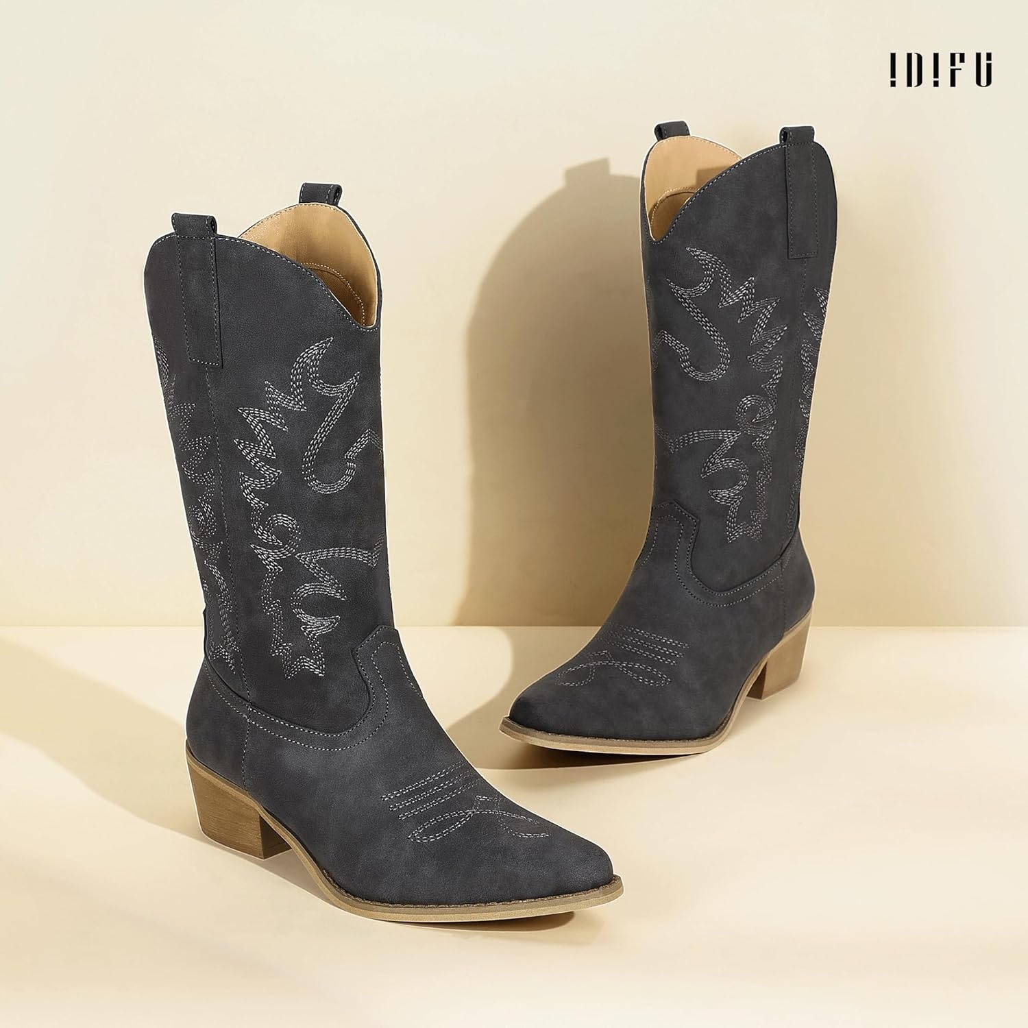 image:imageIDIFU Womens Cowboy Boots for Women Cowgirl Western Mid Calf Embroidered Chunky Low Heel Pointed Toe Country Dress Cute Fashion Comfortable Boots BootiesGrey Nubuck