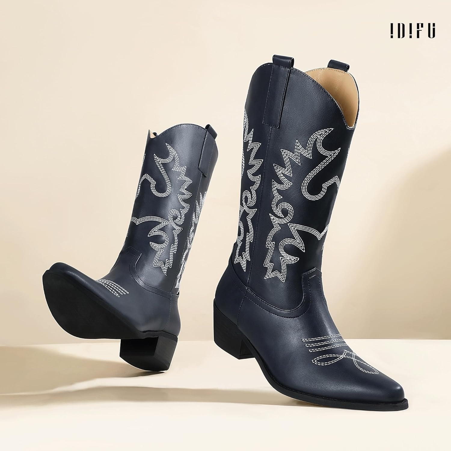 image:imageIDIFU Womens Cowboy Boots for Women Cowgirl Western Mid Calf Embroidered Chunky Low Heel Pointed Toe Country Dress Cute Fashion Comfortable Boots BootiesNavy Blue Pu
