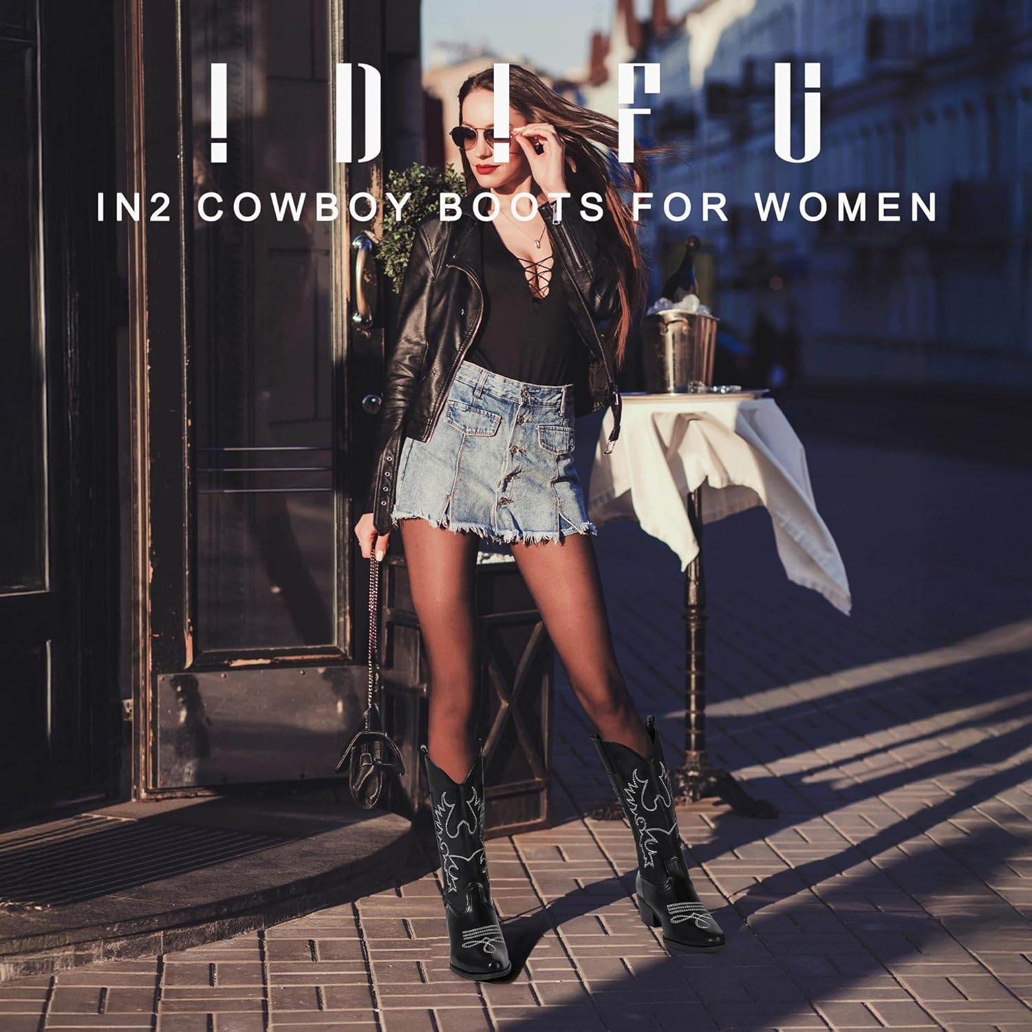 image:imageIDIFU Womens Cowboy Boots for Women Cowgirl Western Mid Calf Embroidered Chunky Low Heel Pointed Toe Country Dress Cute Fashion Comfortable Boots BootiesBlack Pu