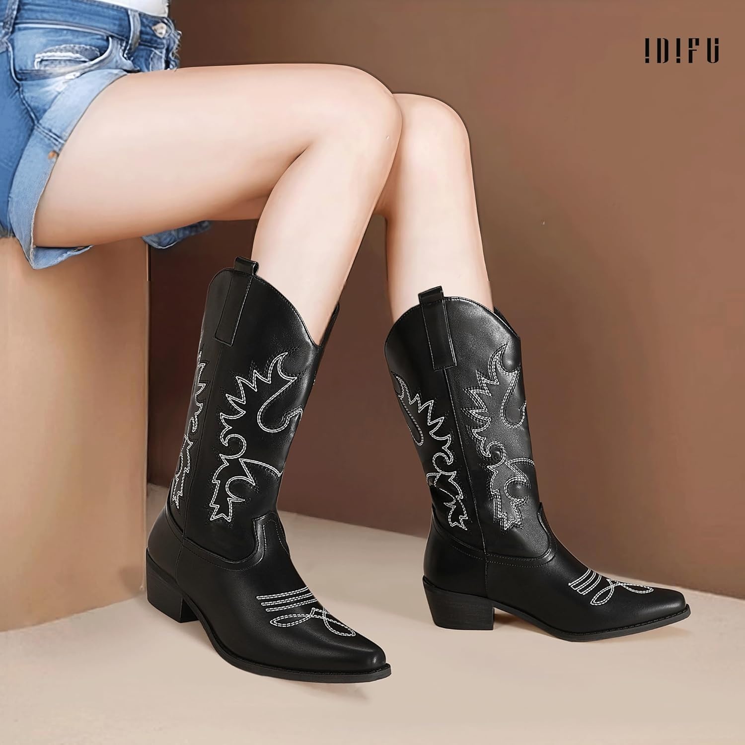 image:imageIDIFU Womens Cowboy Boots for Women Cowgirl Western Mid Calf Embroidered Chunky Low Heel Pointed Toe Country Dress Cute Fashion Comfortable Boots BootiesBlack Pu