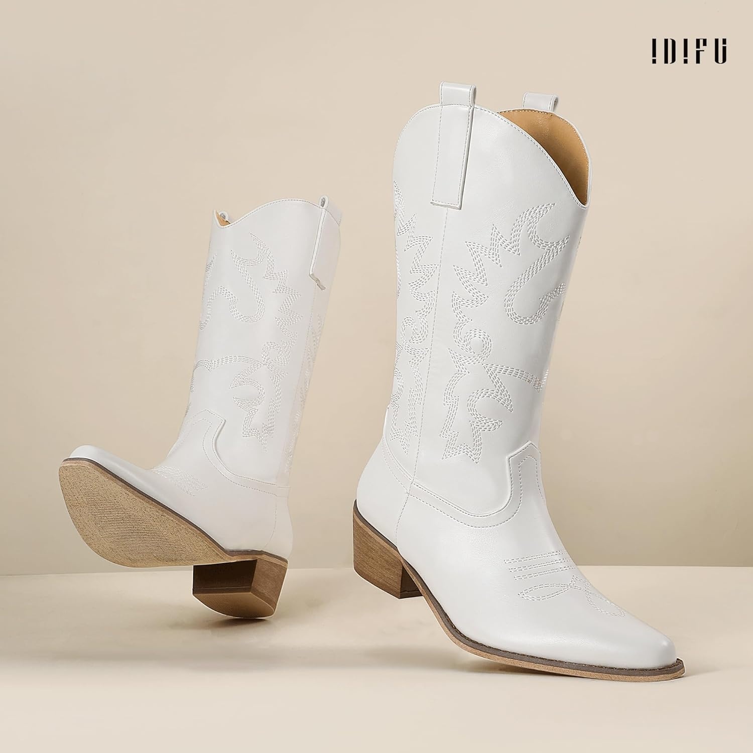 image:imageIDIFU Womens Cowboy Boots for Women Cowgirl Western Mid Calf Embroidered Chunky Low Heel Pointed Toe Country Dress Cute Fashion Comfortable Boots BootiesWhite Pu