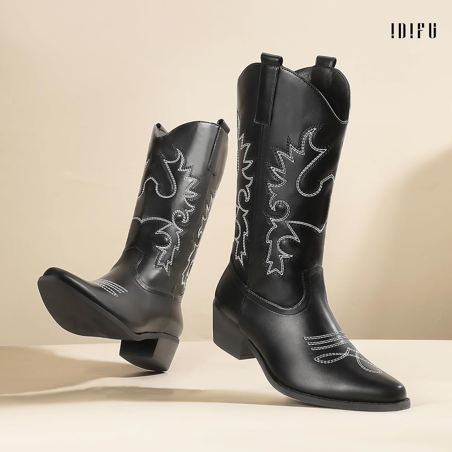 image:imageIDIFU Womens Cowboy Boots for Women Cowgirl Western Mid Calf Embroidered Chunky Low Heel Pointed Toe Country Dress Cute Fashion Comfortable Boots BootiesBlack Pu