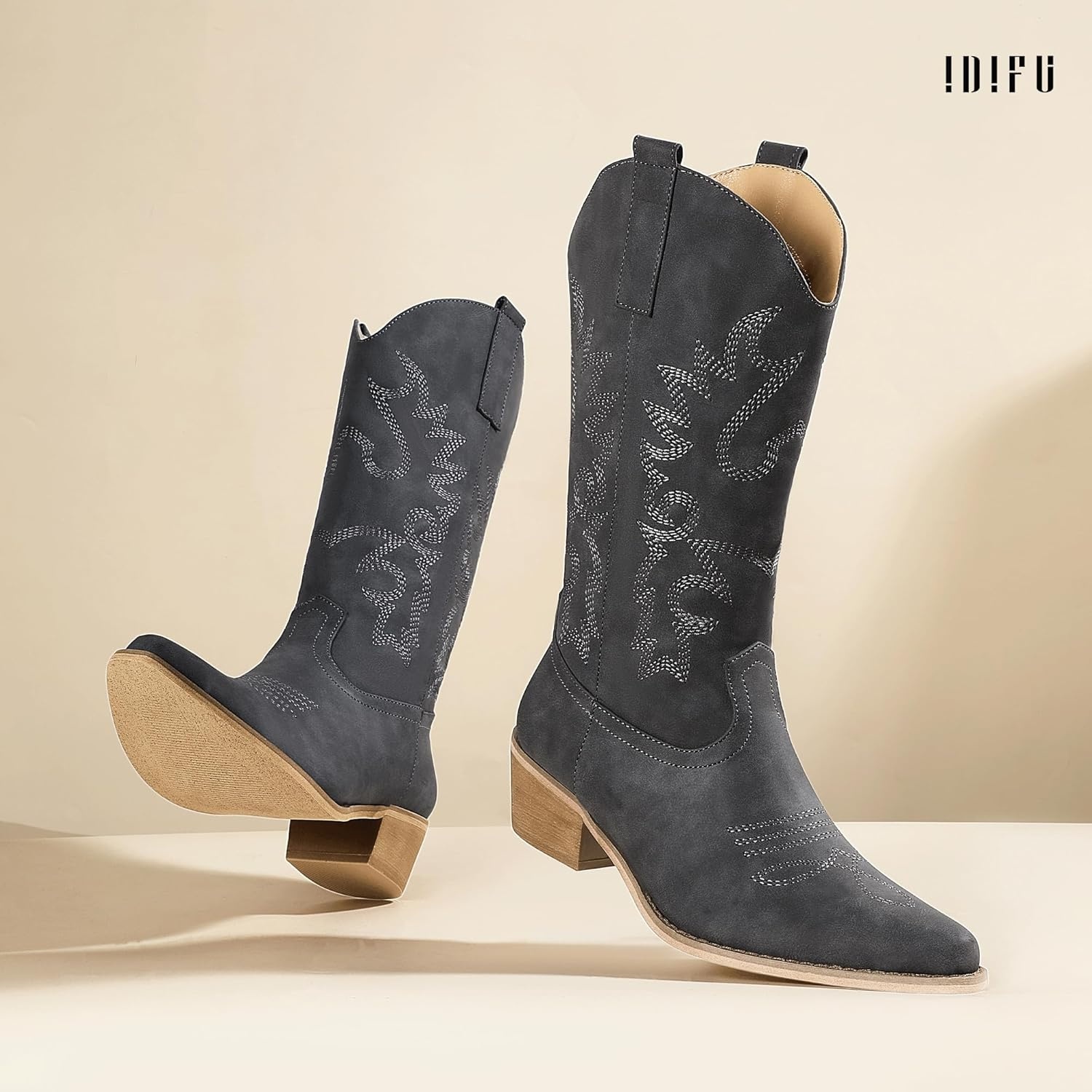 image:imageIDIFU Womens Cowboy Boots for Women Cowgirl Western Mid Calf Embroidered Chunky Low Heel Pointed Toe Country Dress Cute Fashion Comfortable Boots BootiesGrey Nubuck