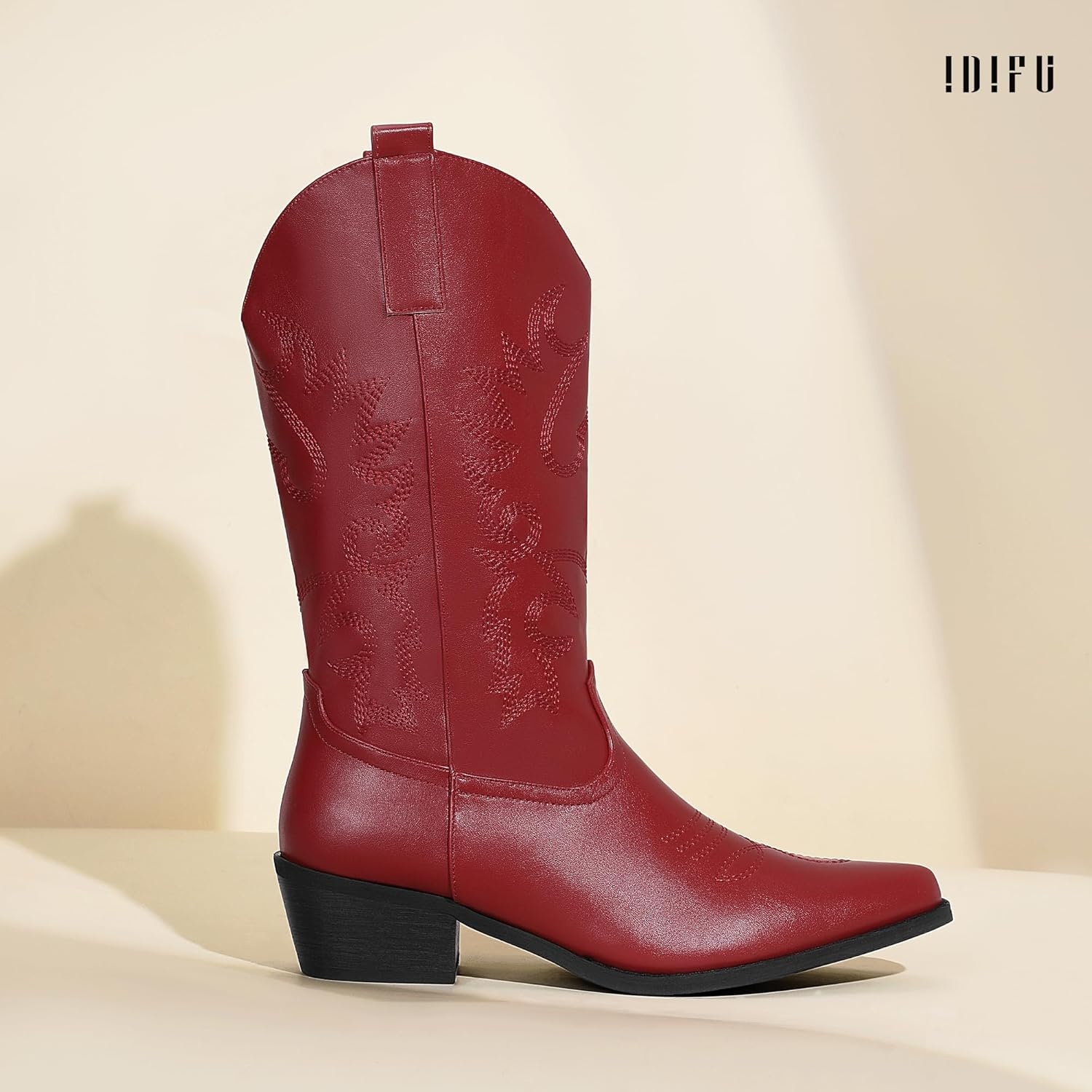 image:imageIDIFU Womens Cowboy Boots for Women Cowgirl Western Mid Calf Embroidered Chunky Low Heel Pointed Toe Country Dress Cute Fashion Comfortable Boots BootiesRed Pu