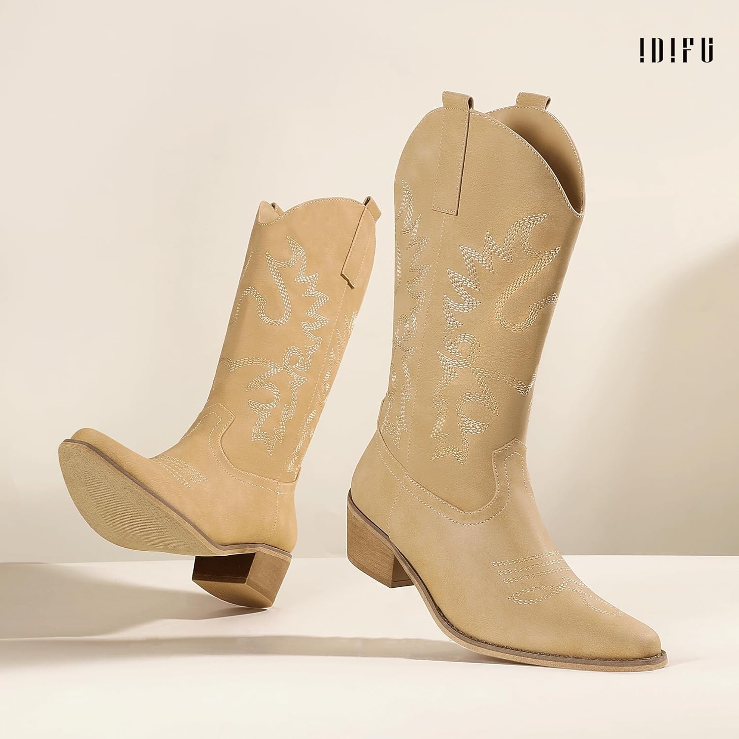 image:imageIDIFU Womens Cowboy Boots for Women Cowgirl Western Mid Calf Embroidered Chunky Low Heel Pointed Toe Country Dress Cute Fashion Comfortable Boots BootiesTan Pu