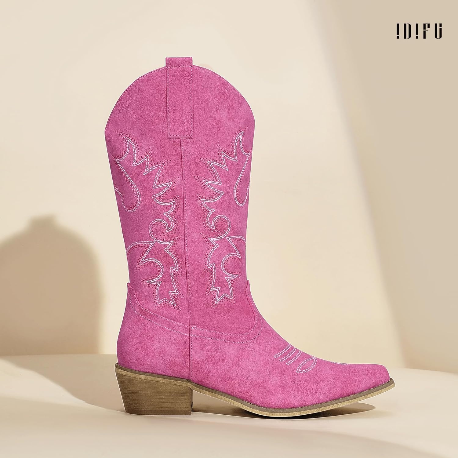 image:imageIDIFU Womens Cowboy Boots for Women Cowgirl Western Mid Calf Embroidered Chunky Low Heel Pointed Toe Country Dress Cute Fashion Comfortable Boots BootiesPink Nubuck