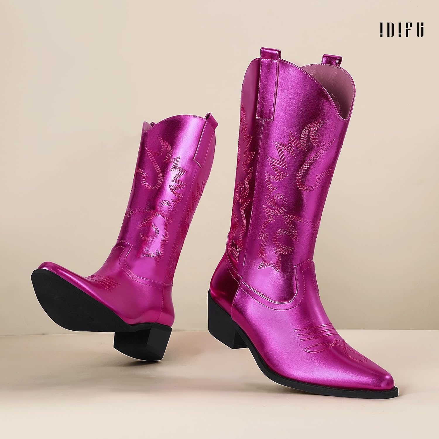 image:imageIDIFU Womens Cowboy Boots for Women Cowgirl Western Mid Calf Embroidered Chunky Low Heel Pointed Toe Country Dress Cute Fashion Comfortable Boots BootiesHot Pink Pu