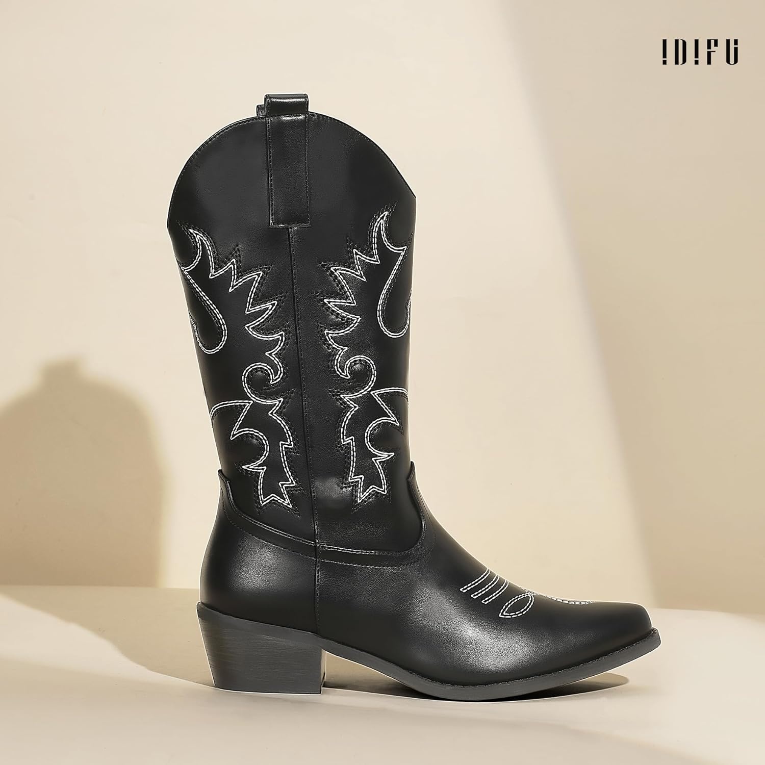 image:imageIDIFU Womens Cowboy Boots for Women Cowgirl Western Mid Calf Embroidered Chunky Low Heel Pointed Toe Country Dress Cute Fashion Comfortable Boots BootiesBlack Pu