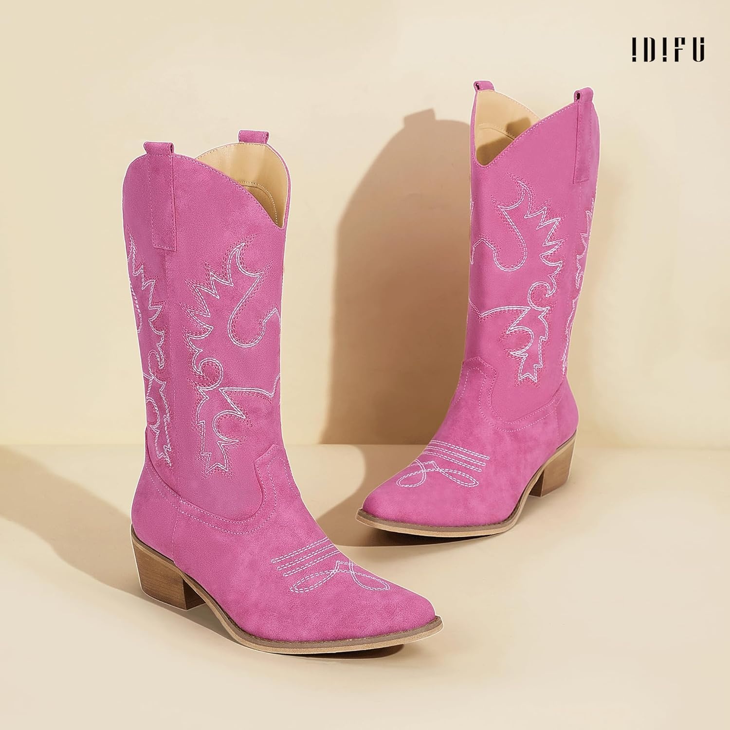 image:imageIDIFU Womens Cowboy Boots for Women Cowgirl Western Mid Calf Embroidered Chunky Low Heel Pointed Toe Country Dress Cute Fashion Comfortable Boots BootiesPink Nubuck