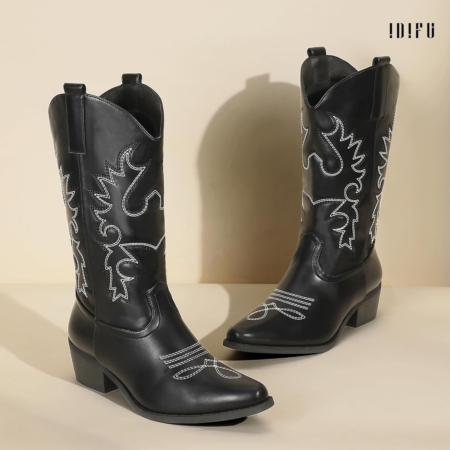 image:imageIDIFU Womens Cowboy Boots for Women Cowgirl Western Mid Calf Embroidered Chunky Low Heel Pointed Toe Country Dress Cute Fashion Comfortable Boots BootiesBlack Pu