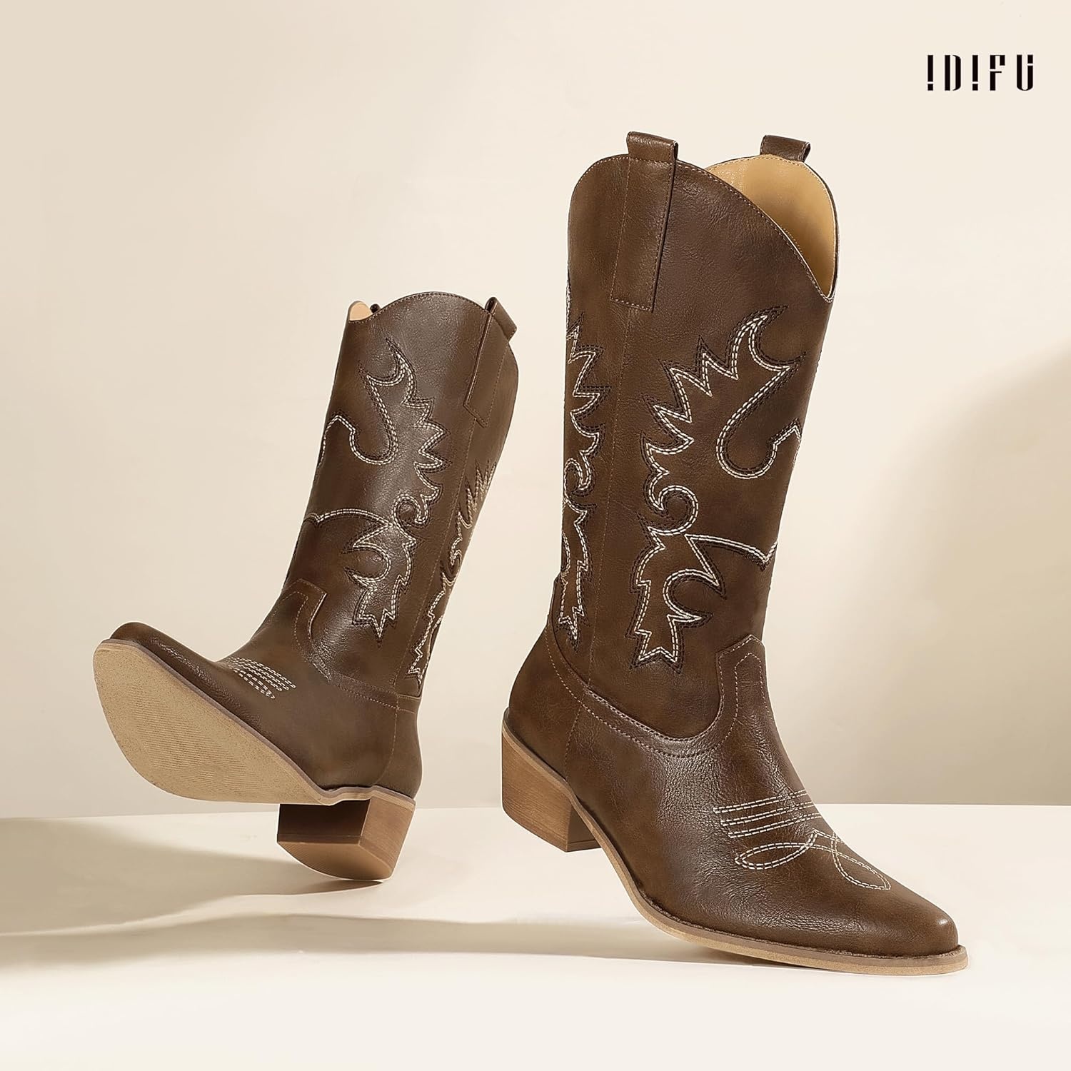 image:imageIDIFU Womens Cowboy Boots for Women Cowgirl Western Mid Calf Embroidered Chunky Low Heel Pointed Toe Country Dress Cute Fashion Comfortable Boots BootiesBrown Pu